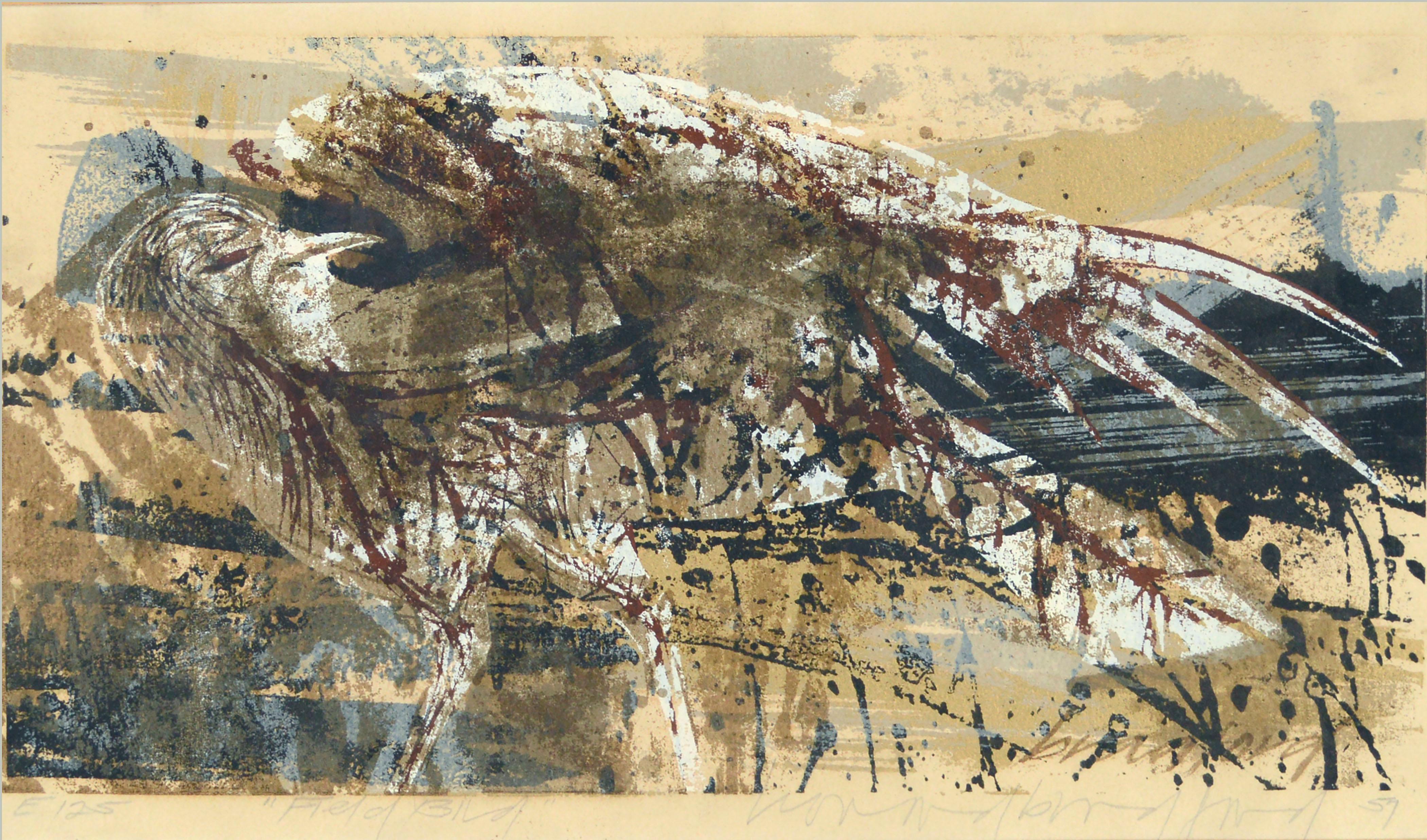 Sérigraphie abstraite moderne du milieu du siècle dernier « Figure Bird » avec oiseau, couleur terre - Print de Howard Bradford