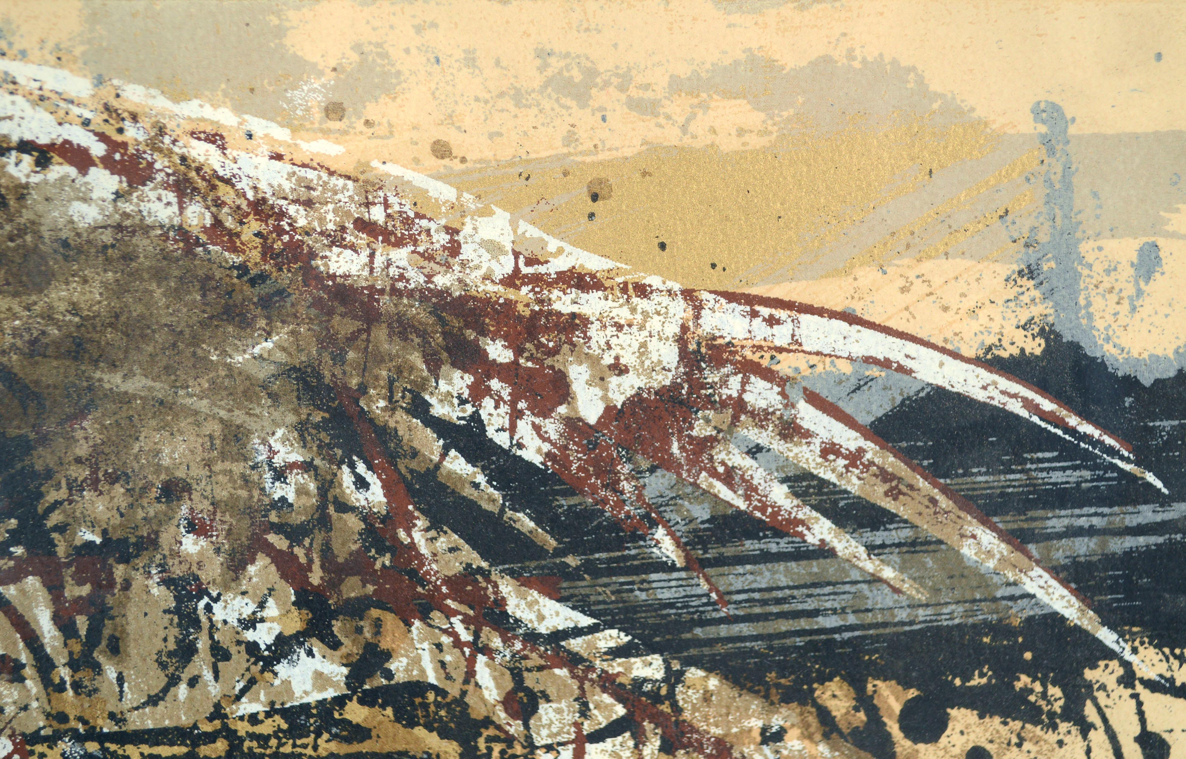 Sérigraphie abstraite moderne du milieu du siècle dernier « Figure Bird » avec oiseau, couleur terre - Beige Abstract Print par Howard Bradford