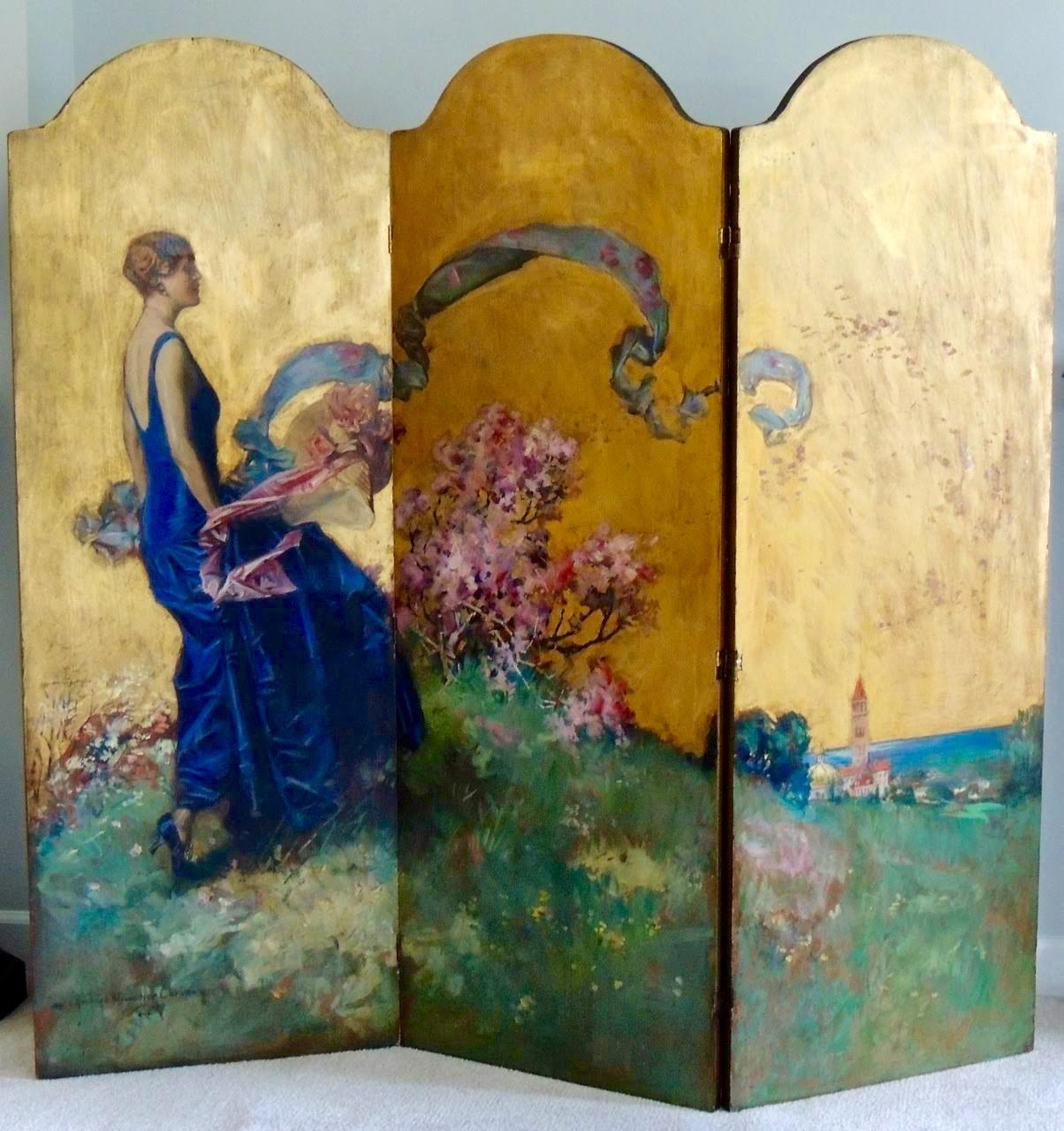 Quattro donne in un fantasioso giardino, paravento decorativo - Figurative Painting Marrone di Howard Chandler Christy