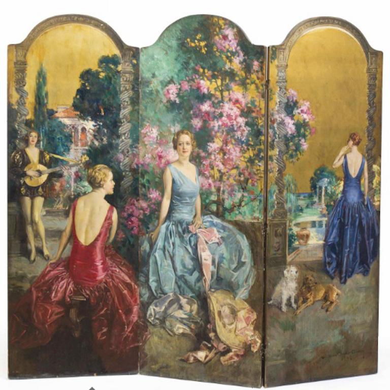 Quattro donne in un fantasioso giardino, paravento decorativo 1