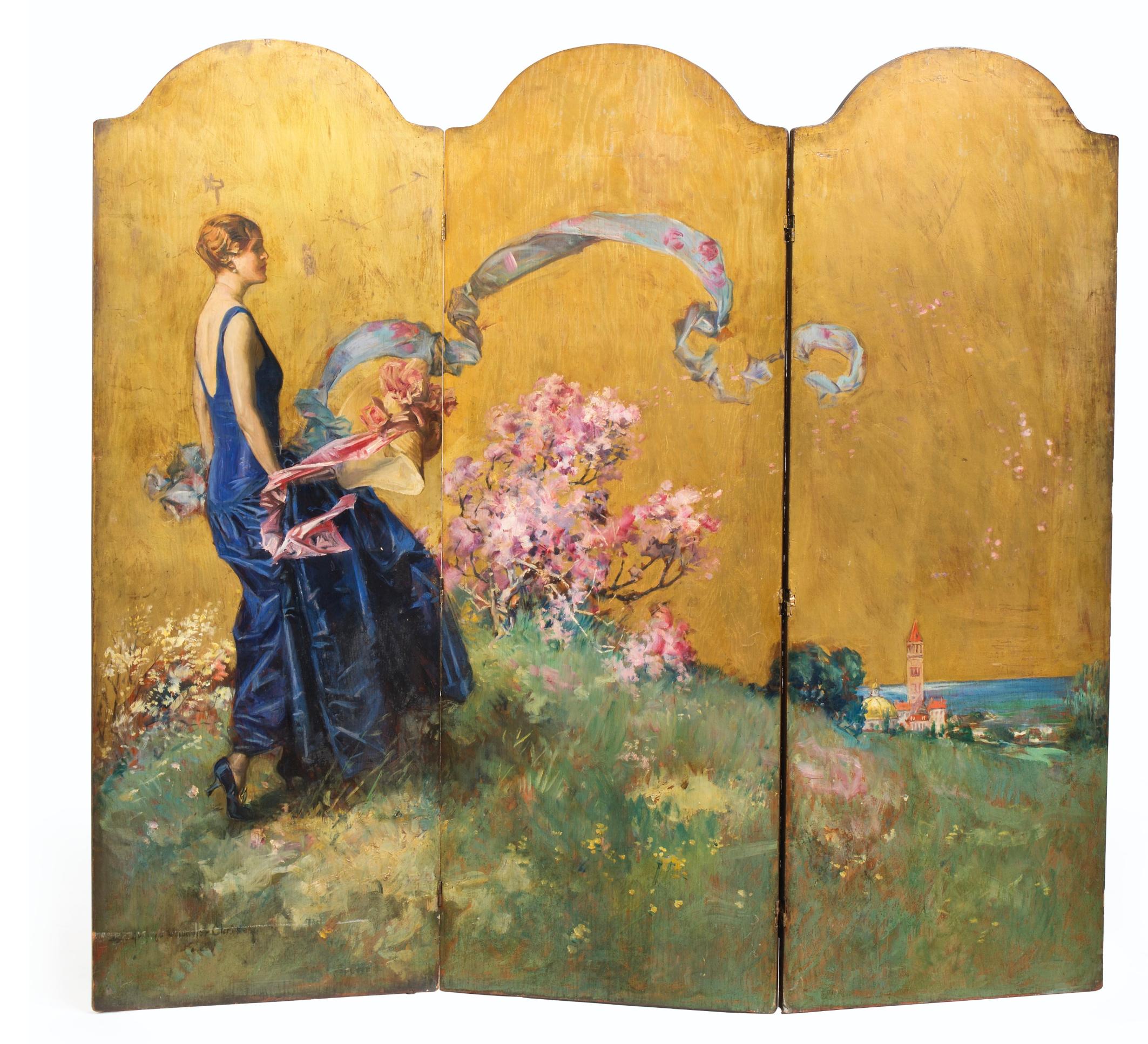 Quattro donne in un fantasioso giardino, paravento decorativo 2