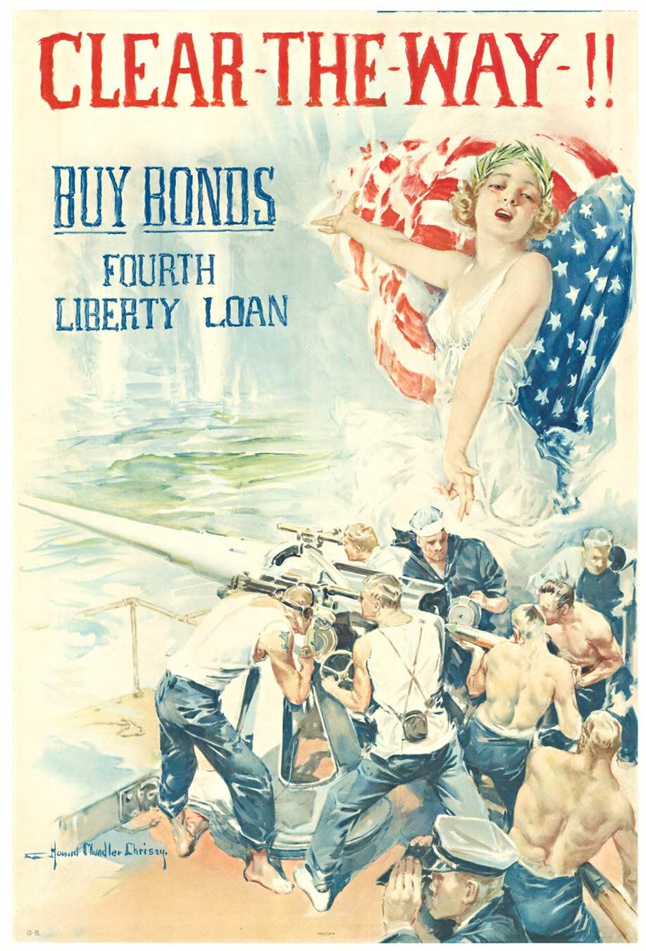 Original "Clear the Way!" Affiche vintage « Buy Bonds Fourth Liberty Loans » (Bordes d'achat), 1917
