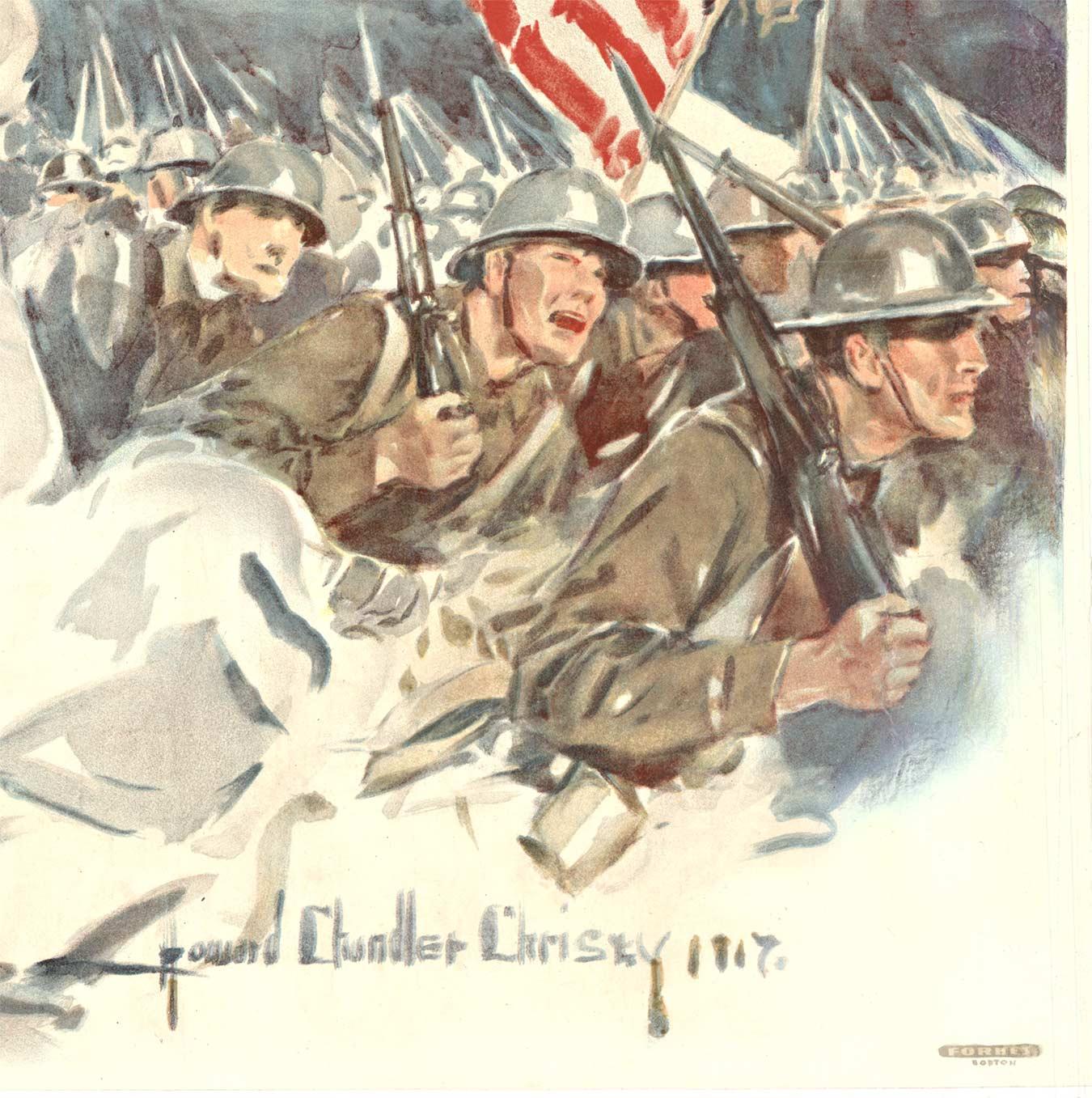 Originale. COMBATTERE O ACQUISTARE OBBLIGAZIONI.   TERZO PRESTITO LIBERTY.     Con supporto in lino. Litografia.    Poster d'epoca autentico della Prima Guerra Mondiale.
ARTISTA:  Howard Chandler Christy.   
Formato più grande per questo poster, con