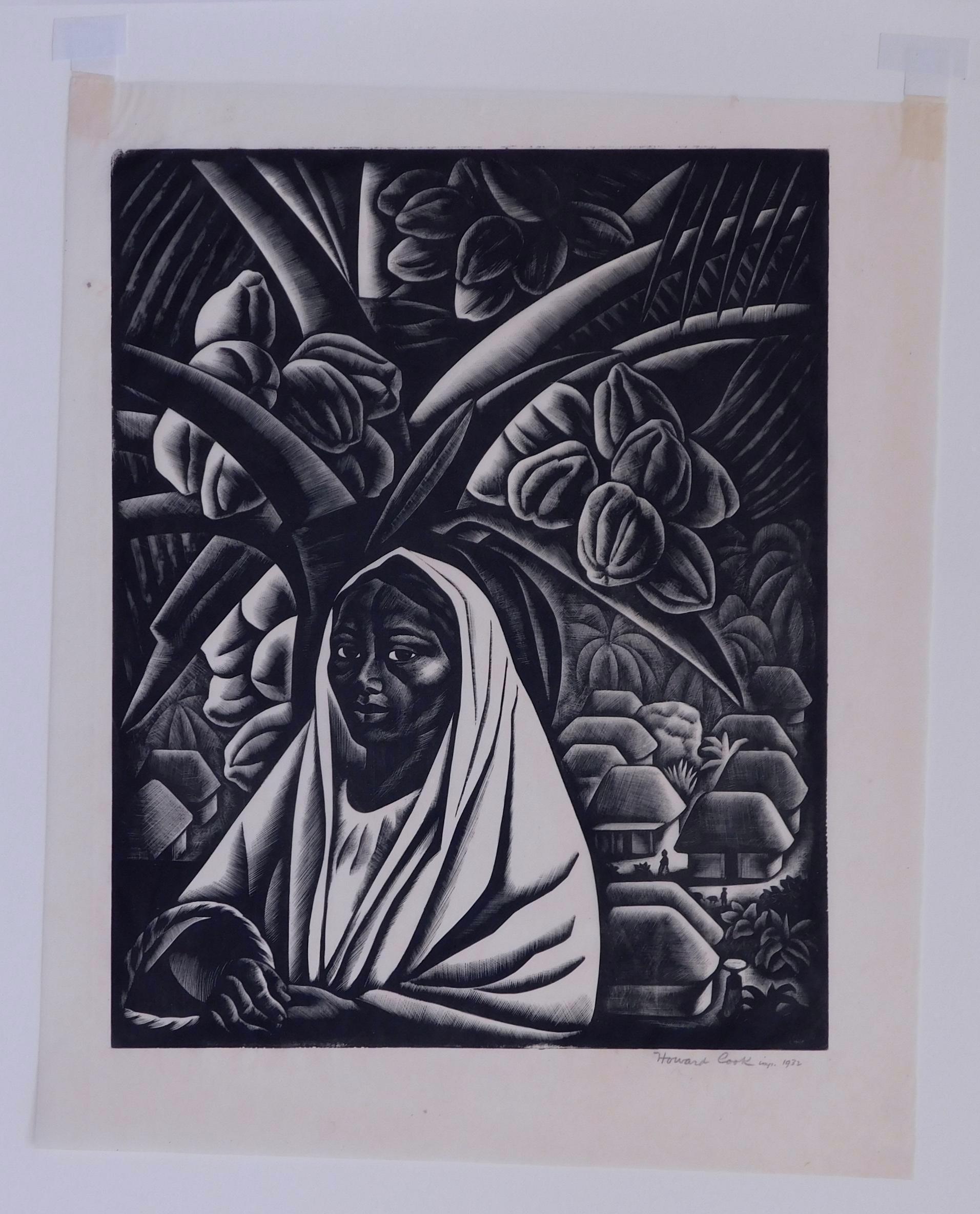 Wonderful wood-engraving by Taos artist Howard Cook (1901-1980).
Titled: “Acapulco Girl (alternate title: Coconut Palm).” Edition: 30. 
Image size: 10 1/16