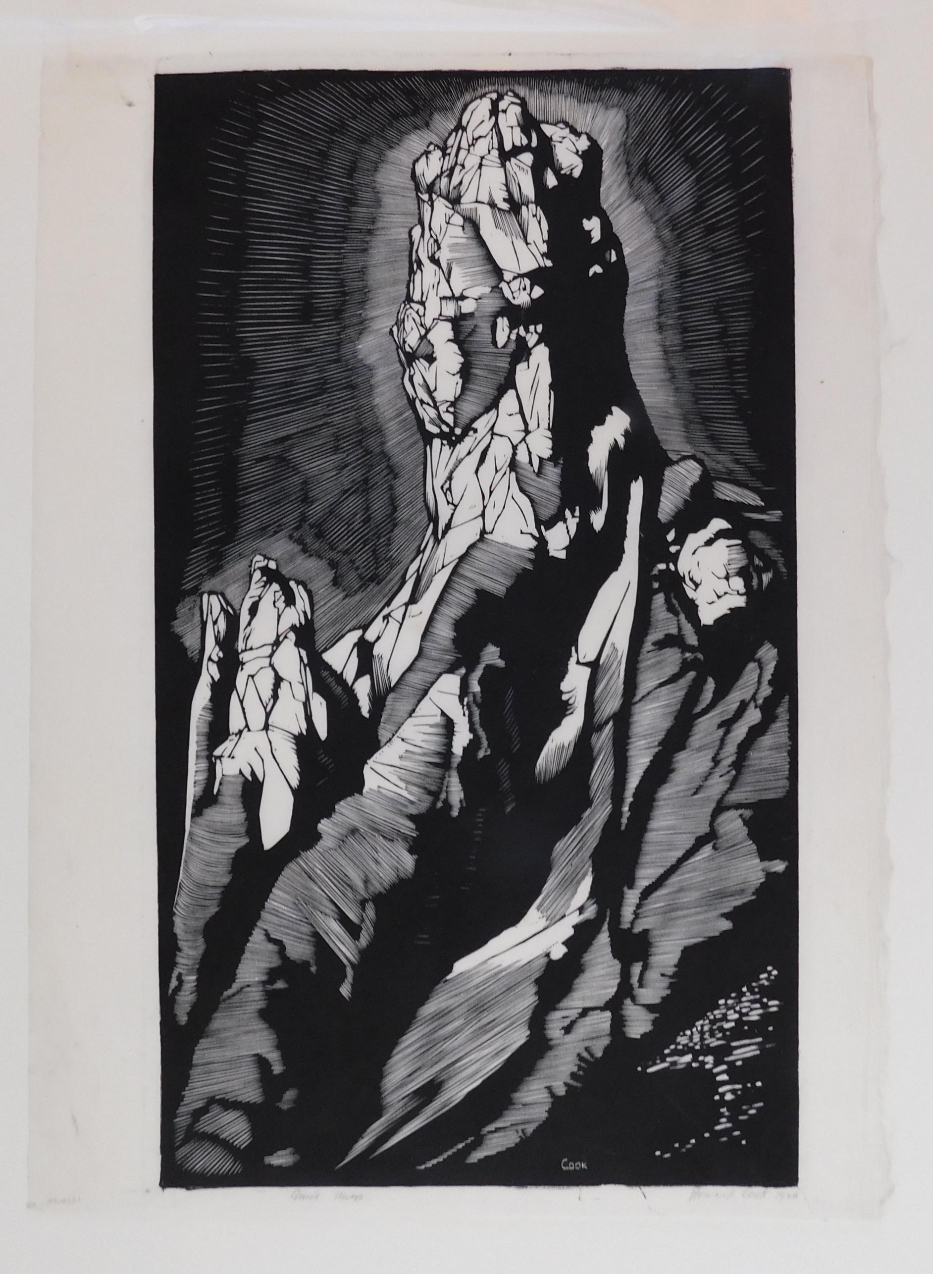 Wonderful woodblock by Taos artist Howard Cook (1901-1980).
Titled: “Giant’s Thumb” (alternate title: Monument Rock).” Edition: 50.
Image size: 14