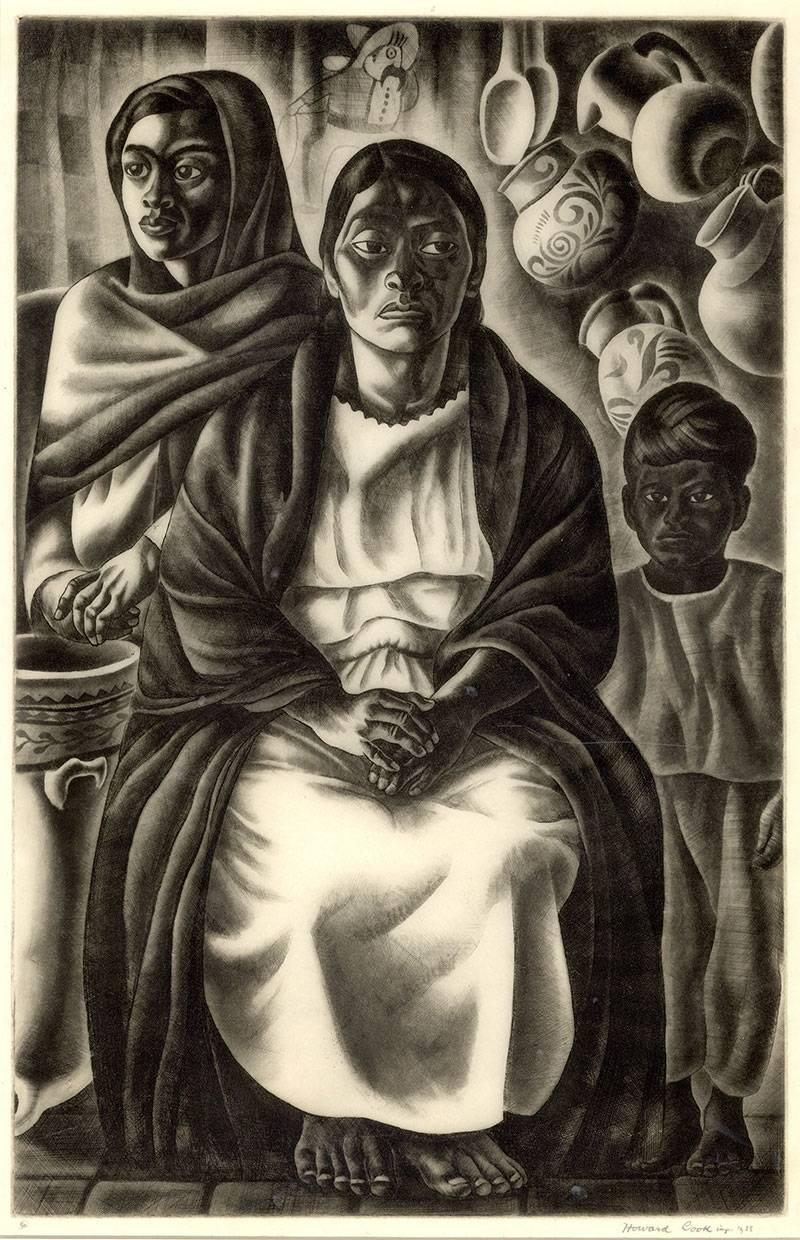Howard Norton Cook Portrait Print - Mexican Interior (3 generations of Mexican natives with crafts in Taxco, Mexico)