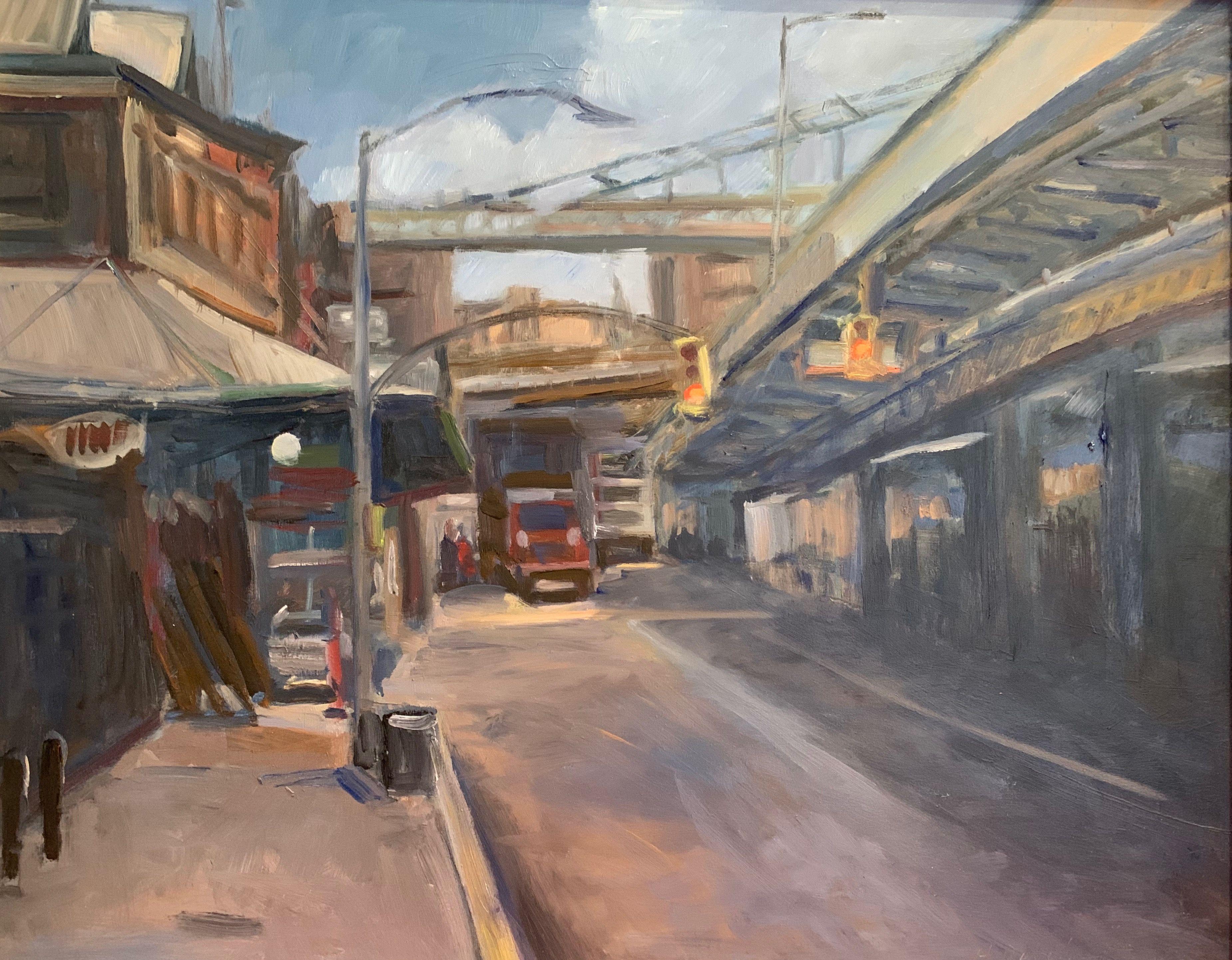 This painting captures the stillness alongside South Street Seaport.  We see a single truck about to pass underneath a street light. :: Painting :: Contemporary :: This piece comes with an official certificate of authenticity signed by the artist ::