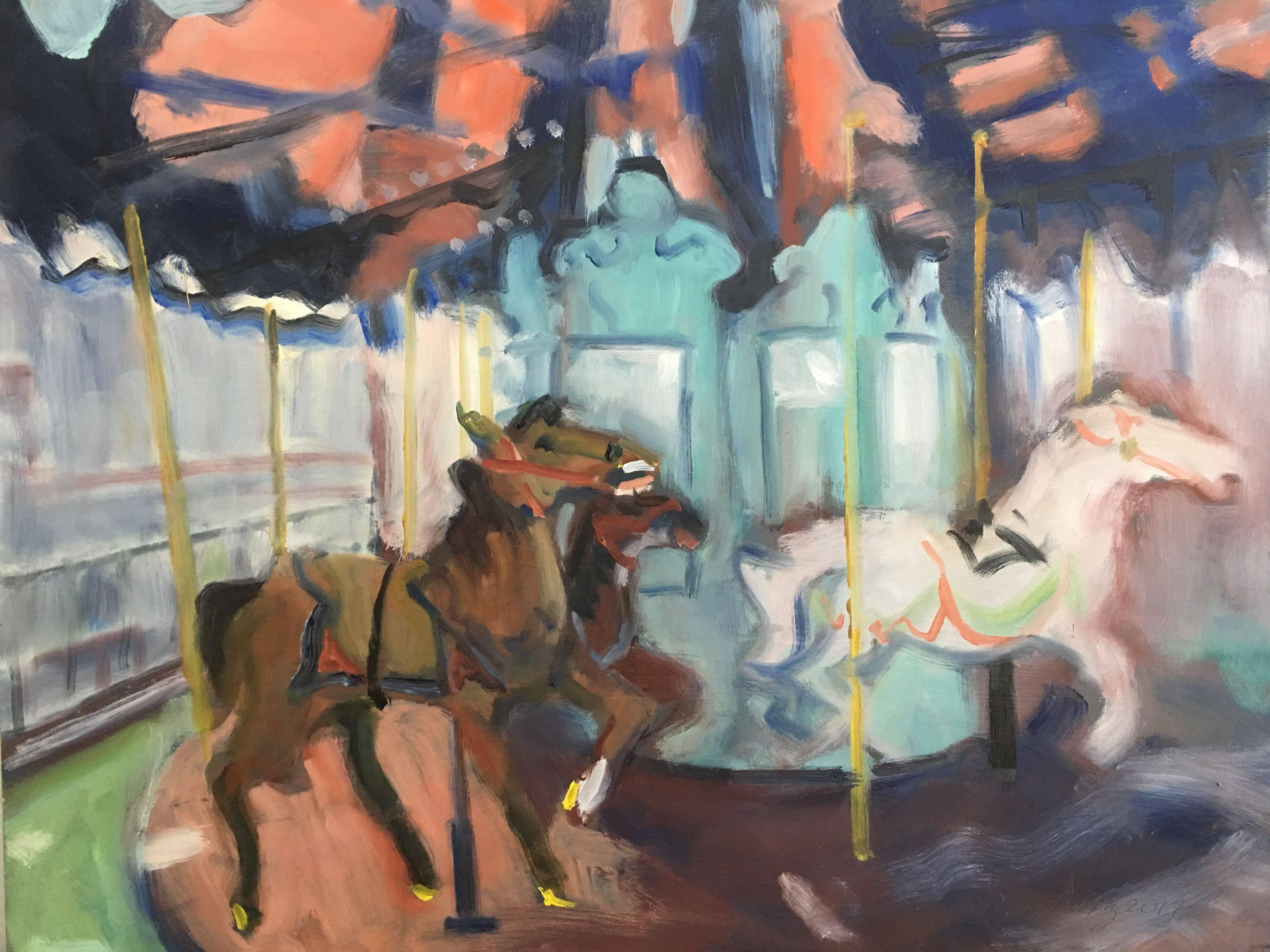 Figurative Painting di Howard Danelowitz - Carosello di Bryant Park, pittura ad olio su pannello MDF