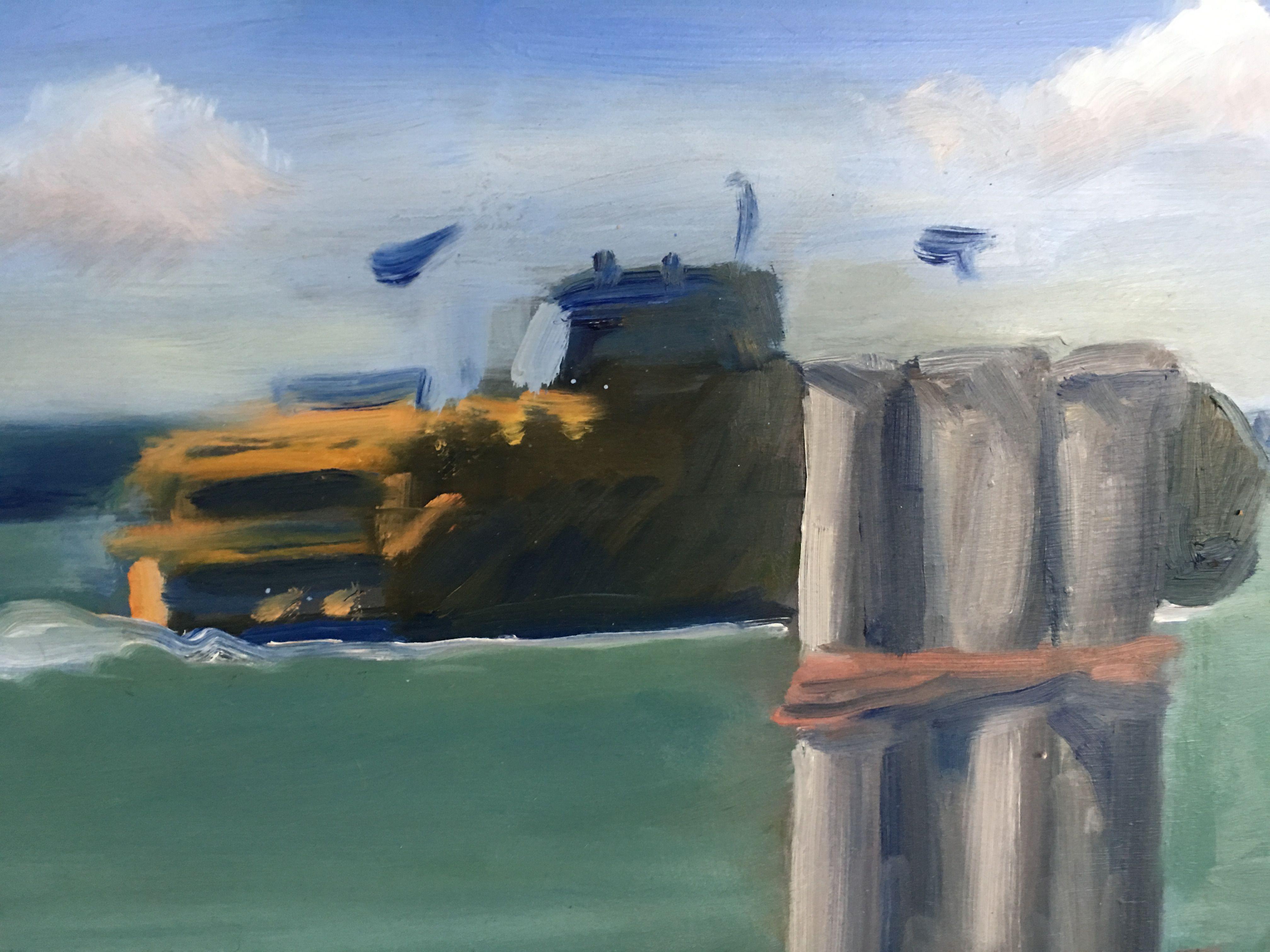 Ein paar Leute genießen den Battery Park NYC.  Es ist ein heller sonniger Tag mit der Staten Island Ferry im Hintergrund :: Gemälde :: Realismus :: Dieses Werk wird mit einem offiziellen, vom Künstler unterzeichneten Echtheitszertifikat geliefert ::