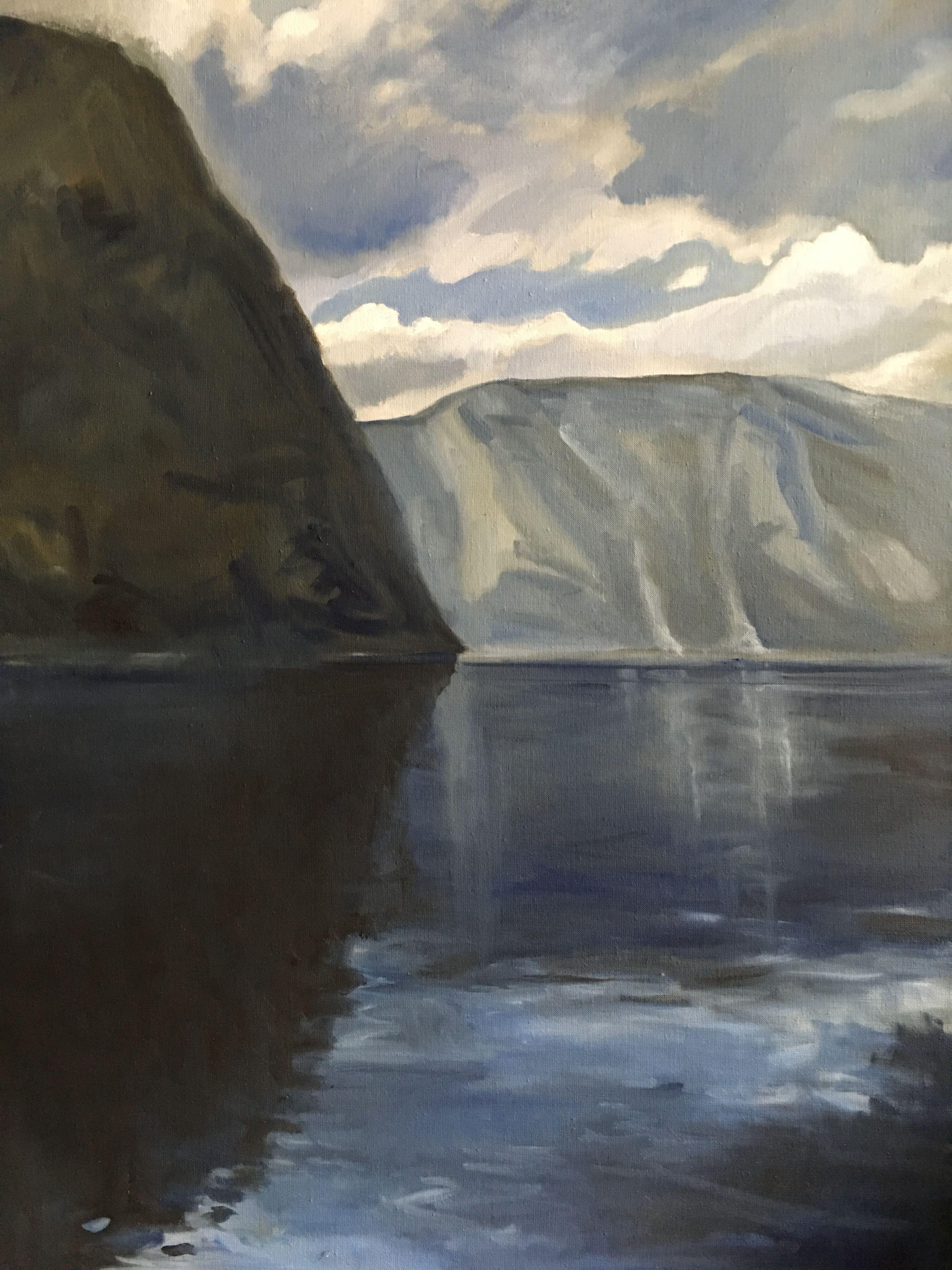 The painting is oil on linen and is self framing.  So, there is no need to purchase a frame. Fjord Reflection shows an interesting abstracted shape on the left side of the canvas formed  by the fjord and it's reflection.  In the distance another