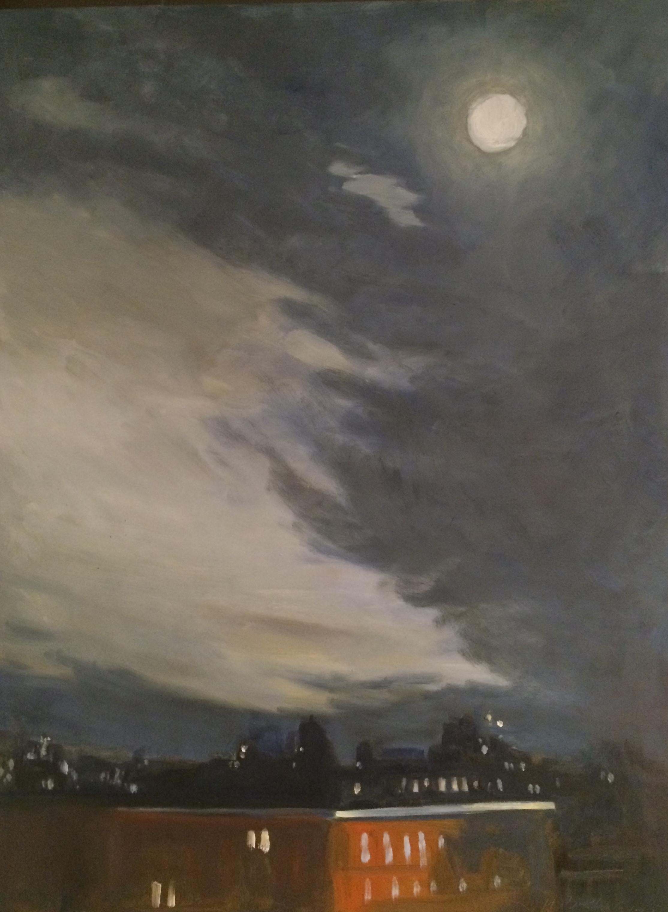 This painting captures a full moon over New York City. :: Painting :: Contemporary :: This piece comes with an official certificate of authenticity signed by the artist :: Ready to Hang: Yes :: Signed: Yes :: Signature Location: lower Right Corner
