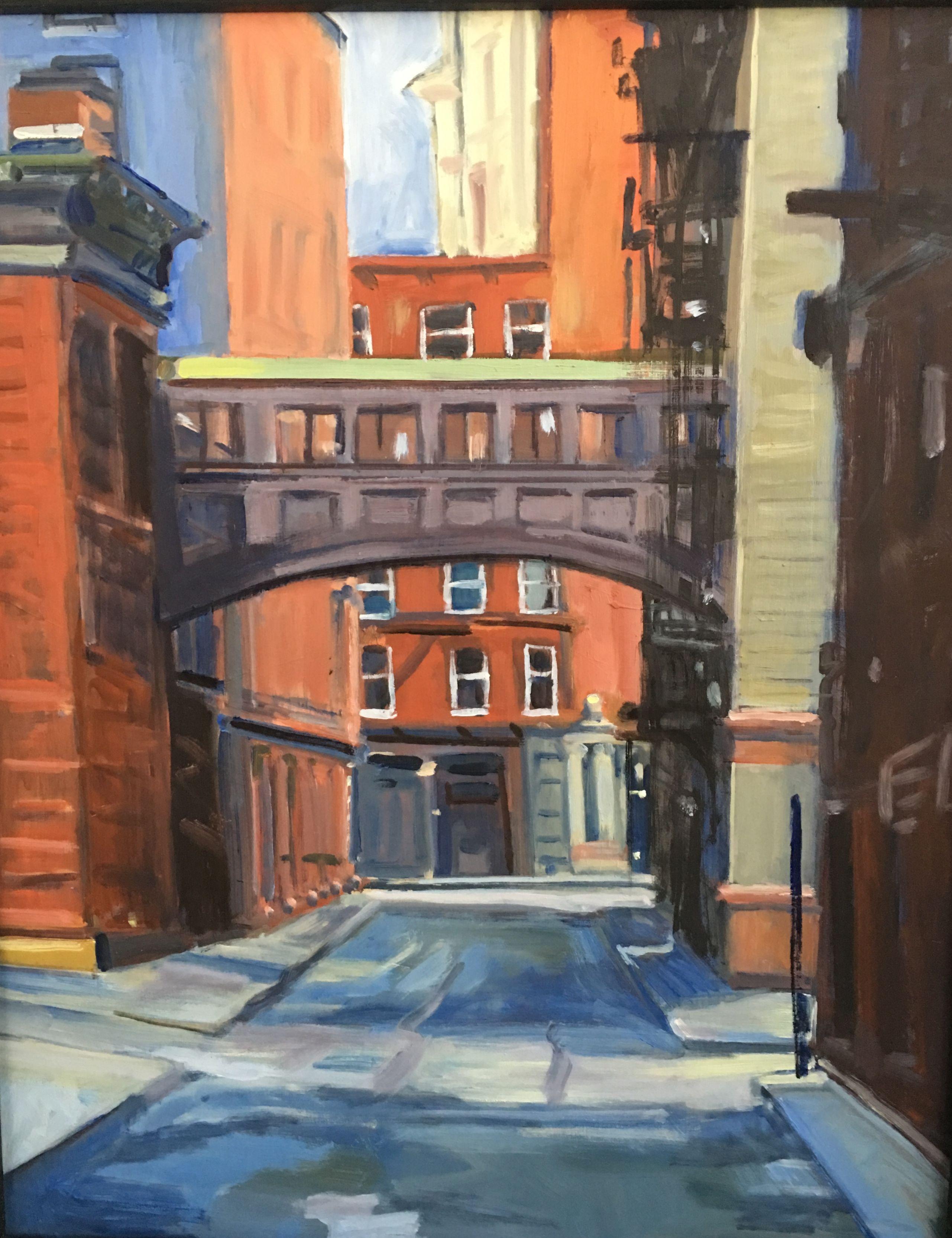 This is a cityscape scene in Tribeca New York City. The painting showcases a historic passage way between two buildings.  :: Painting :: Realism :: This piece comes with an official certificate of authenticity signed by the artist :: Ready to Hang: