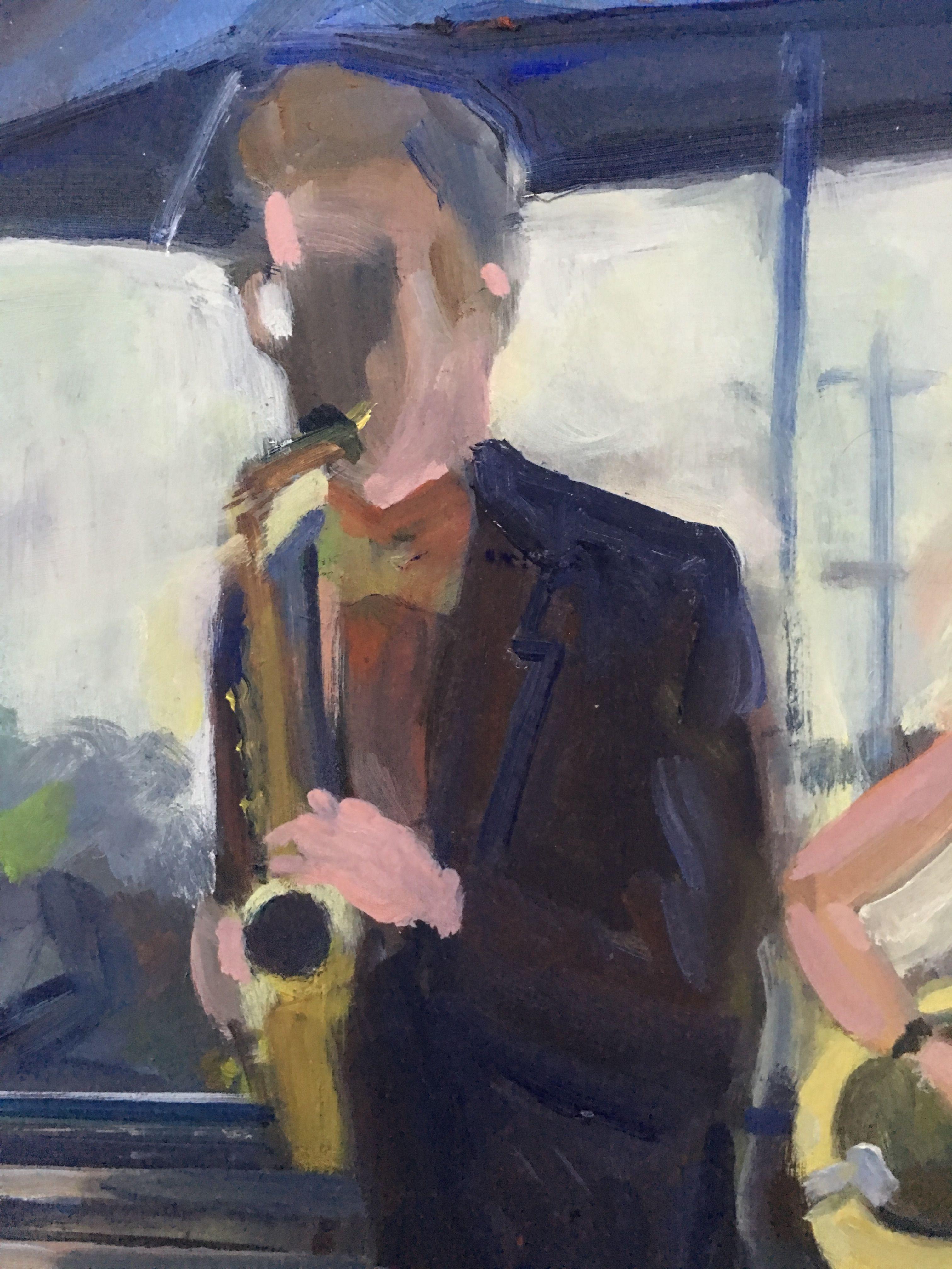 The  Pizza Bats music duo was playing iconic standards of the swing era in Union Square Park NYC. :: Painting :: Realism :: This piece comes with an official certificate of authenticity signed by the artist :: Ready to Hang: Yes :: Signed: Yes ::