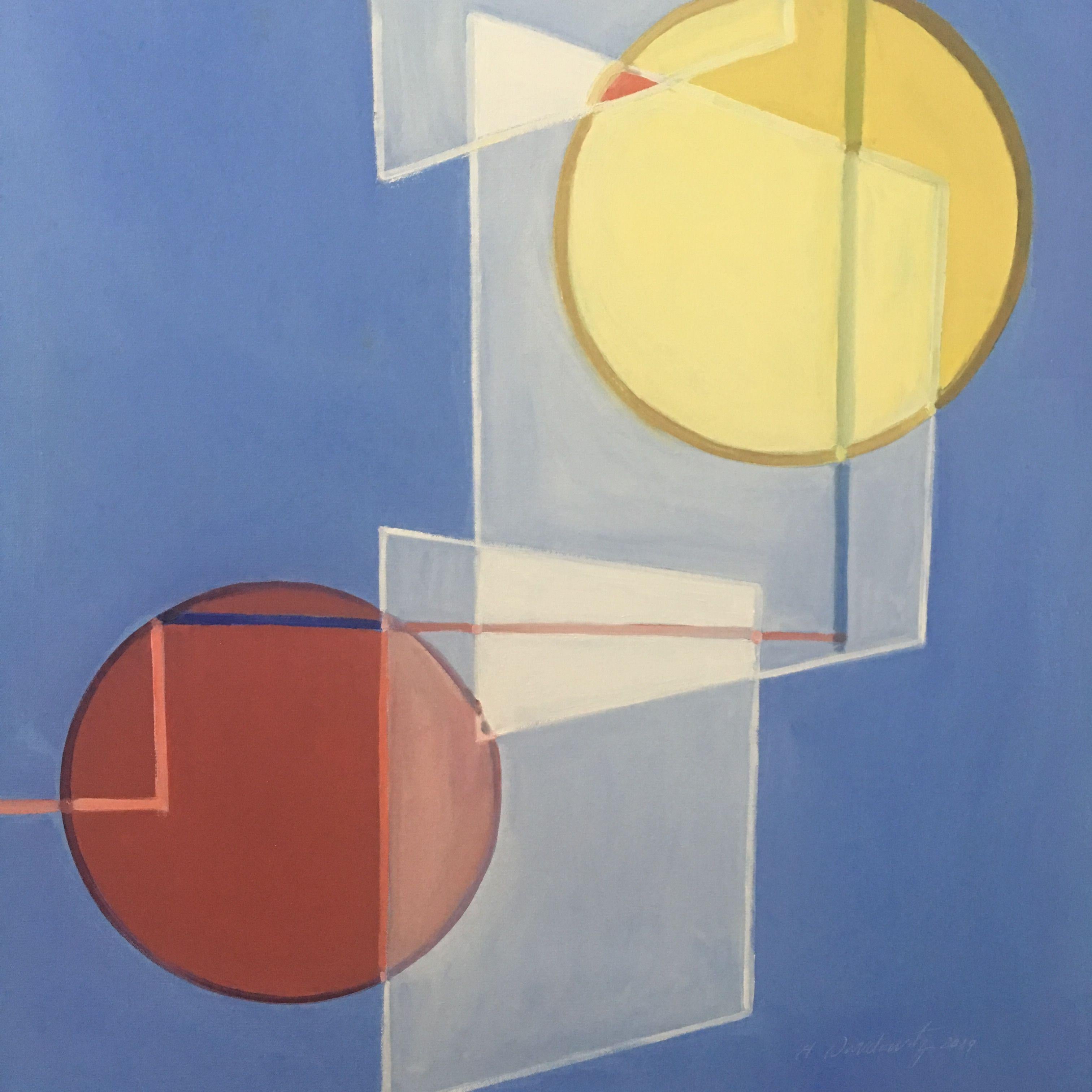 Three Spheres shows the relationship between three primary colored circles against a blue background. :: Painting :: Abstract :: This piece comes with an official certificate of authenticity signed by the artist :: Ready to Hang: Yes :: Signed: Yes