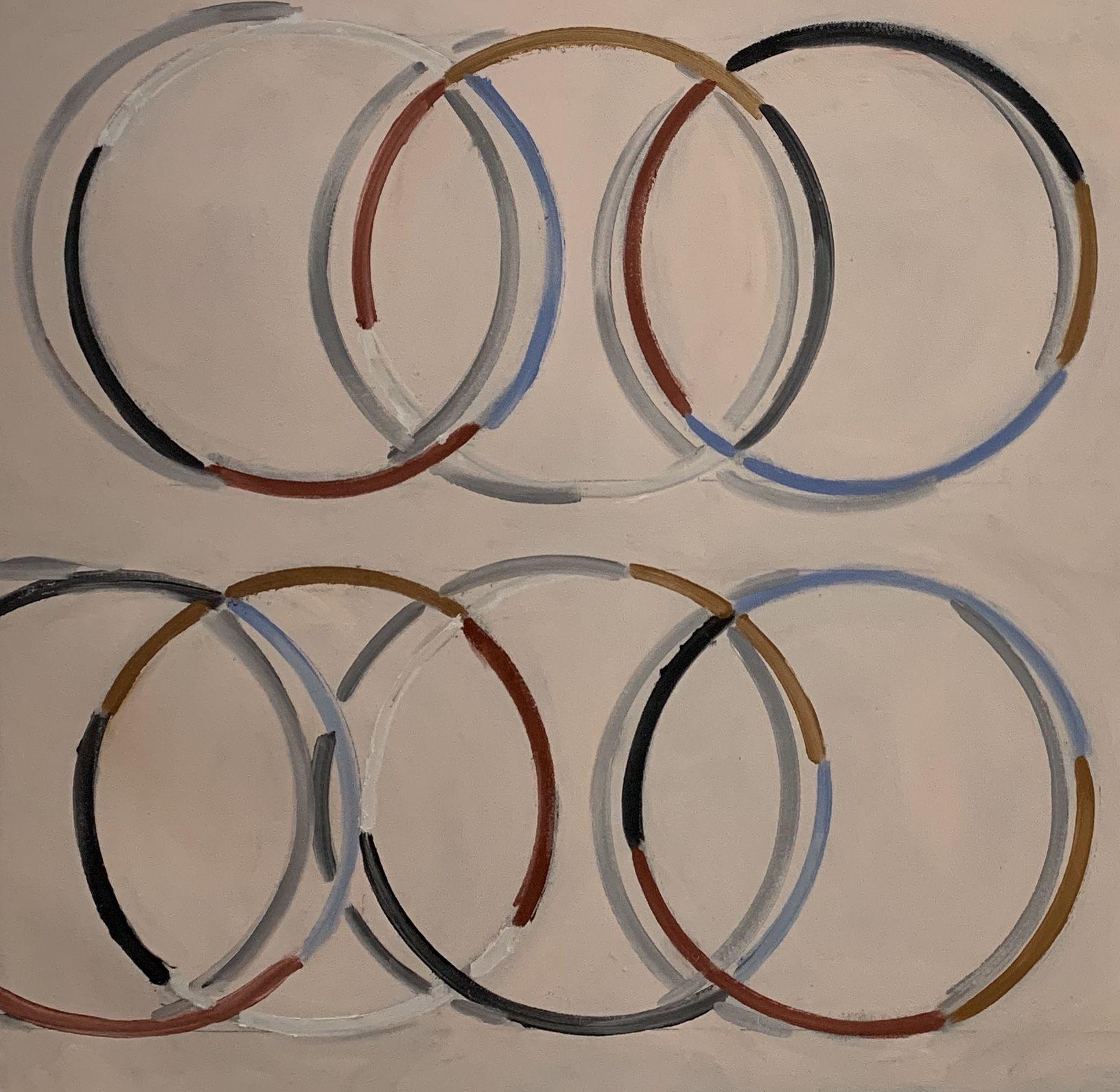 Spro Gyro 2 explores the placment of circles against a beige background.  The painting has a limited color palette, which shows the interplay of circular shapes and their shadows.  :: Painting :: Abstract :: This piece comes with an official
