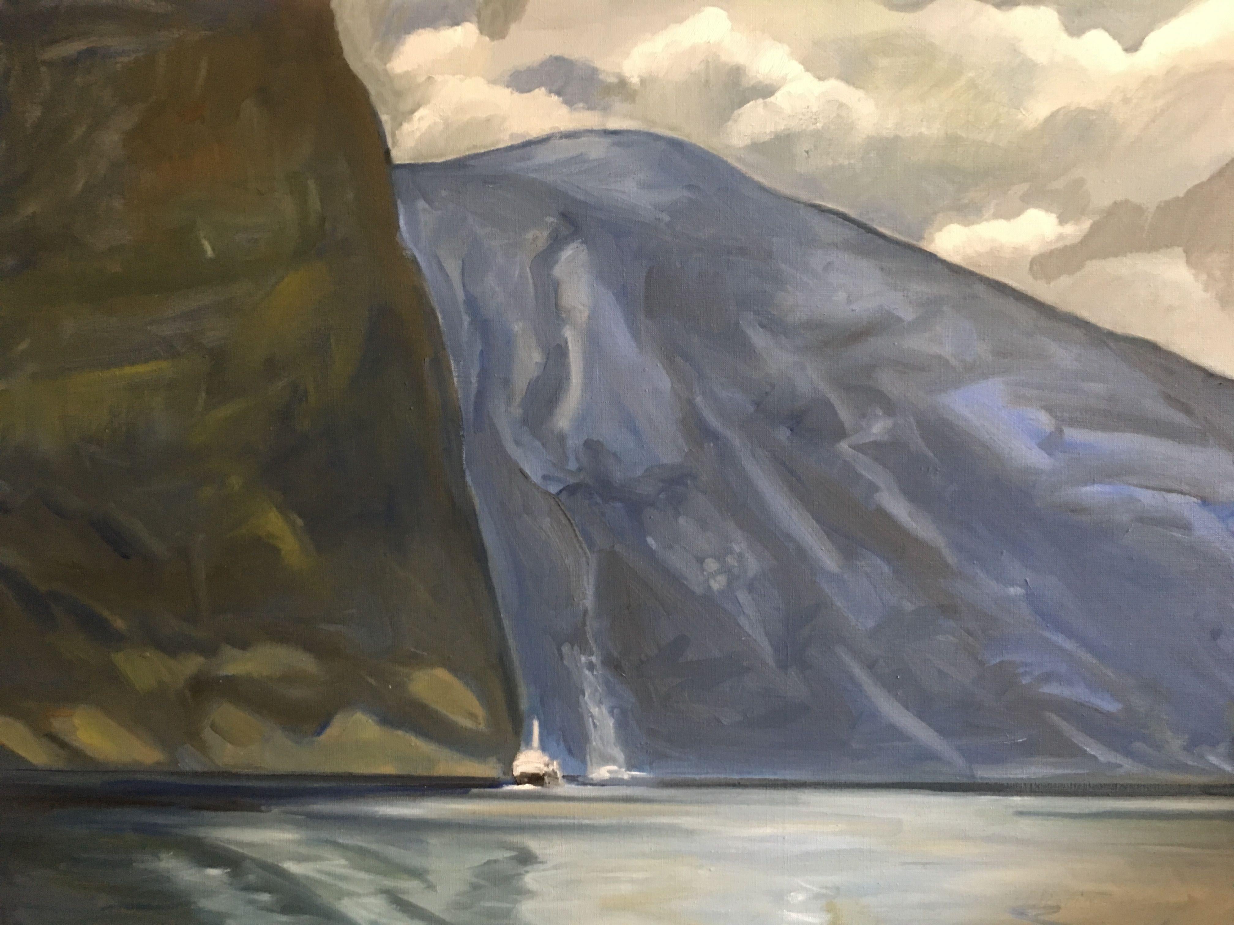 The painting is oil on linen and is self framing. So, there is no need to to purchase a frame. White Boat Emerging focuses on a small white boat that is emerging next to a very tall fjords.   

:: Painting :: Contemporary :: This piece comes with an