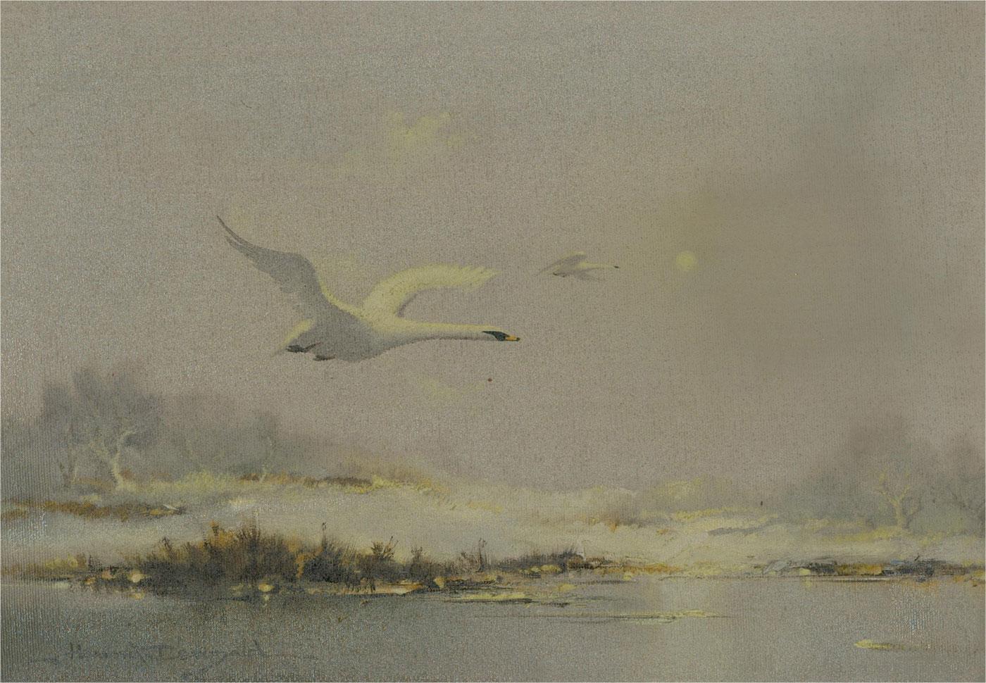 Howard Devonald (n.1944) - Siglo XX Óleo, Vuelo de nieve (Cisnes mudos) 1