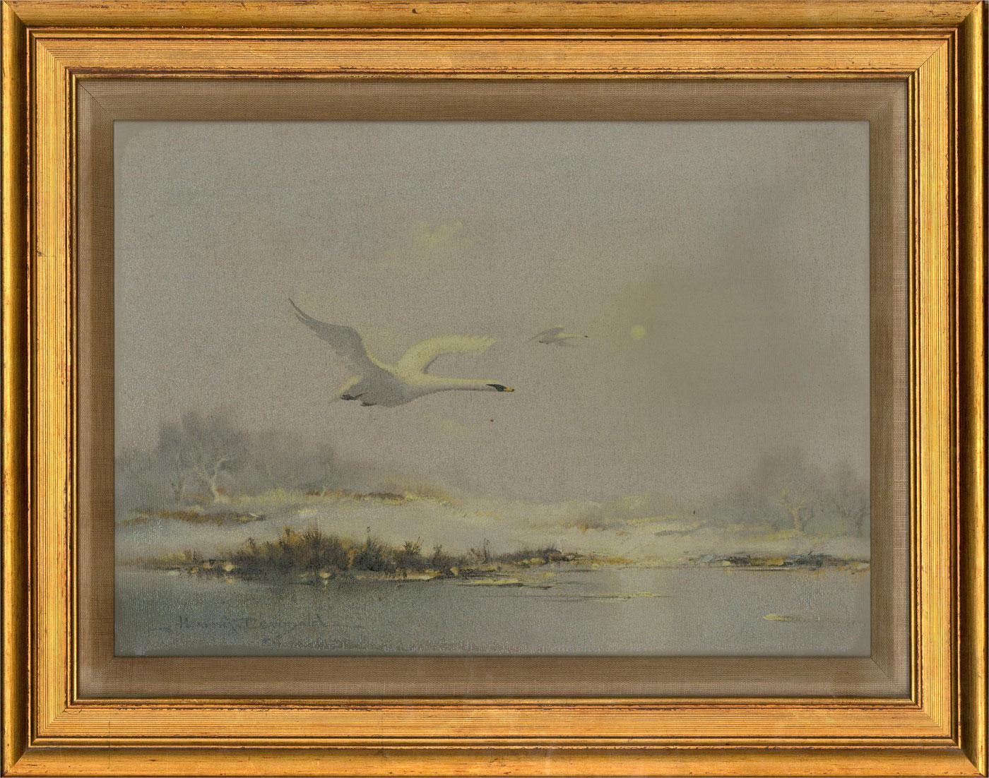 Howard Devonald (n.1944) - Siglo XX Óleo, Vuelo de nieve (Cisnes mudos) 3