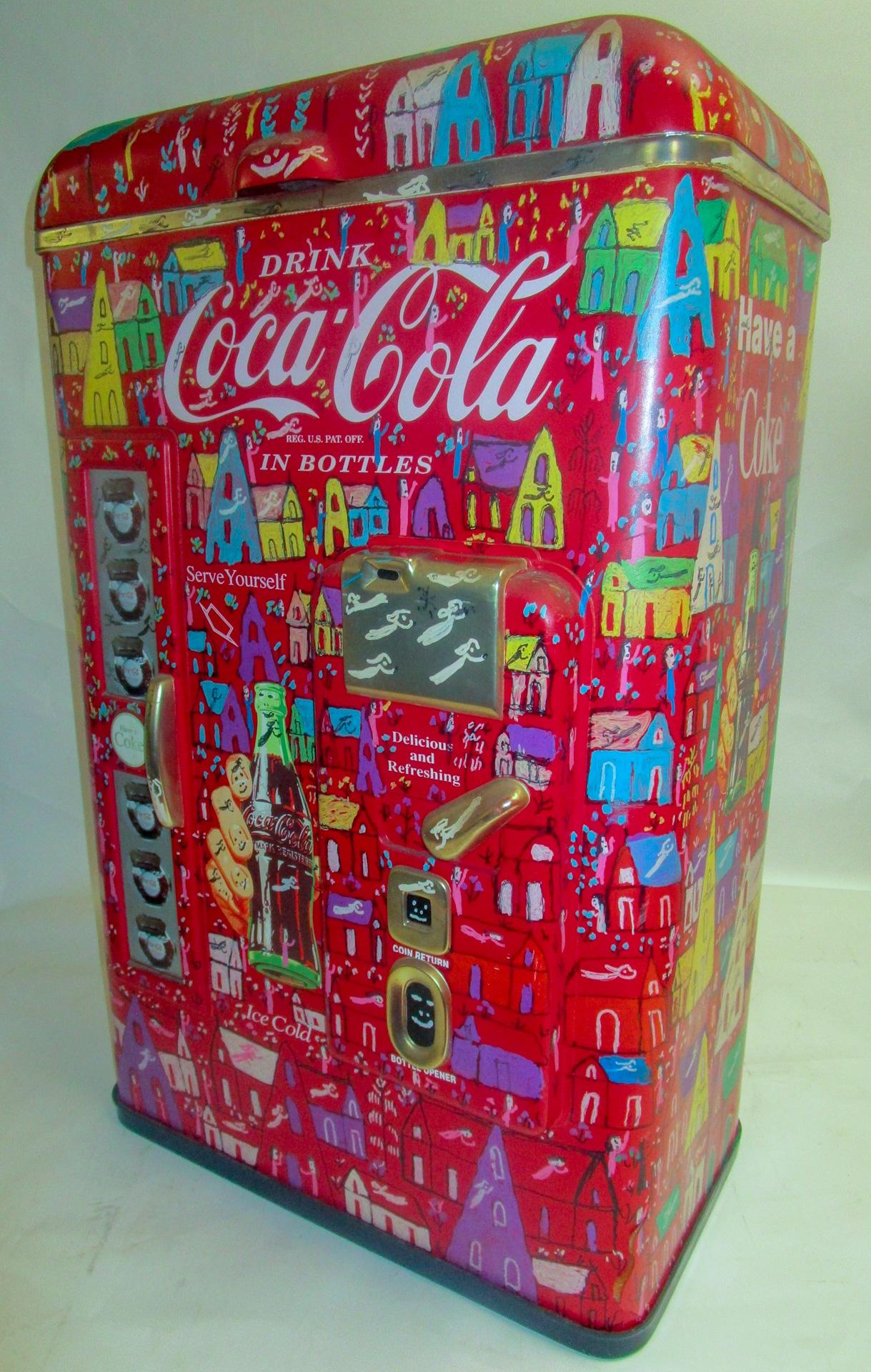 Vintage Retro Nostalgia Coke Cooler designed in 1992 by Paul Flum Ideas Inc. and painted with acrylic and permanent marker by folk artist Howard Finster (1917-2001) for one of his Paradise Garden parties. Very colorfully embellished on all four