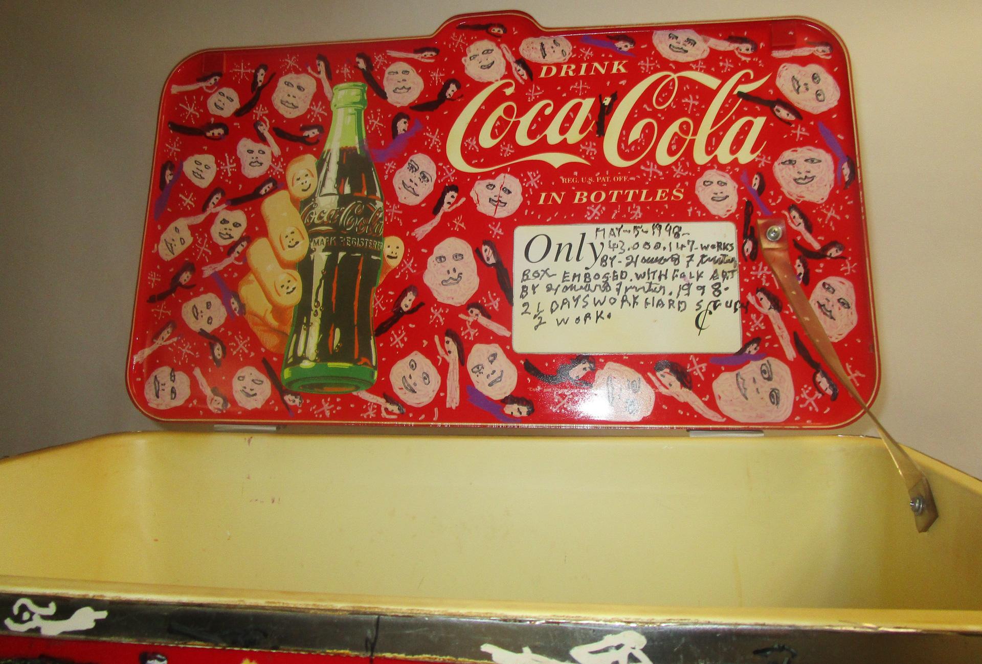 American Howard Finster Original One of a Kind Artwork Painted on Retro Coca Cola Cooler