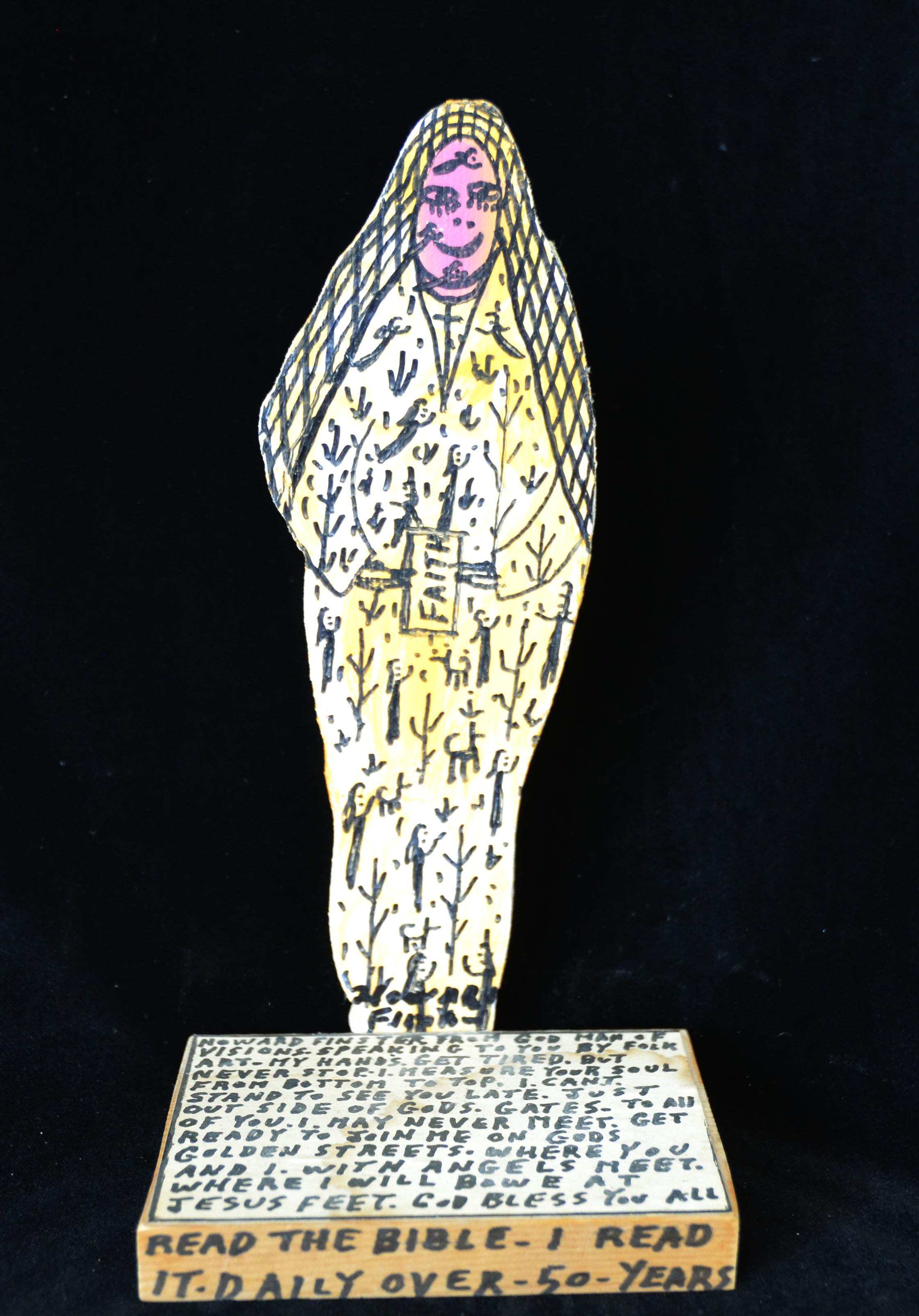 Sculpture religieuse découpée en bois signée Howard Finster, Faith 1991