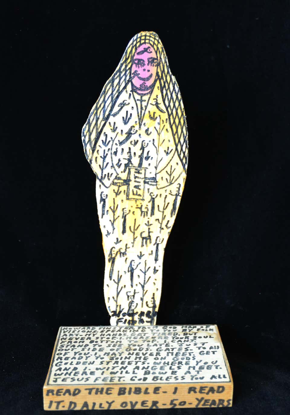 Howard Finster Signed Wooden Religious Cut-Out Sculpture, “Faith” 1991