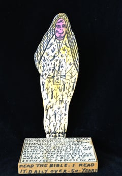 Escultura religiosa recortada de madera firmada por Howard Finster, "Fe" 1991