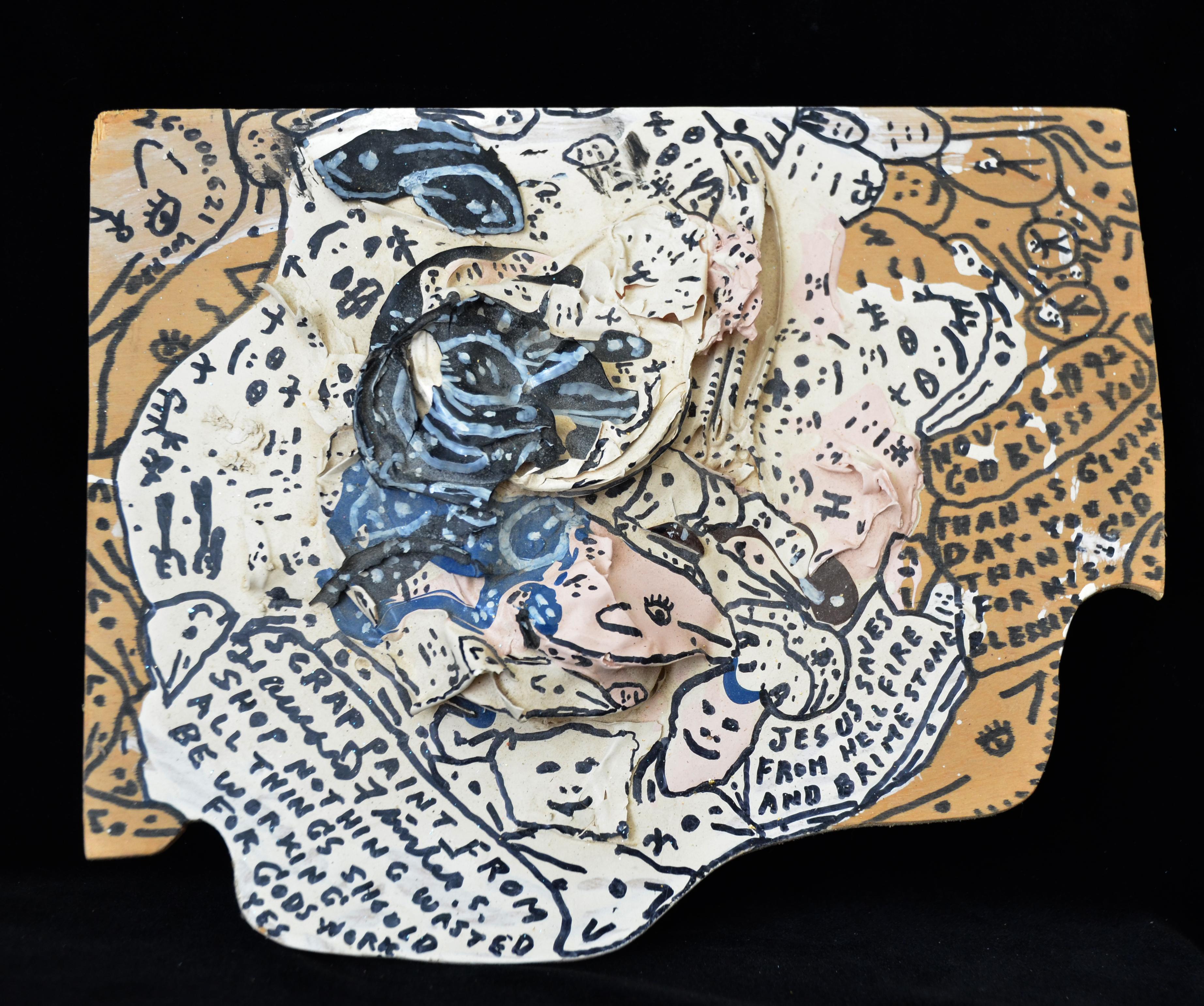 Rev. Howard Finster Recorte de madera pintada montado en la pared, 1992