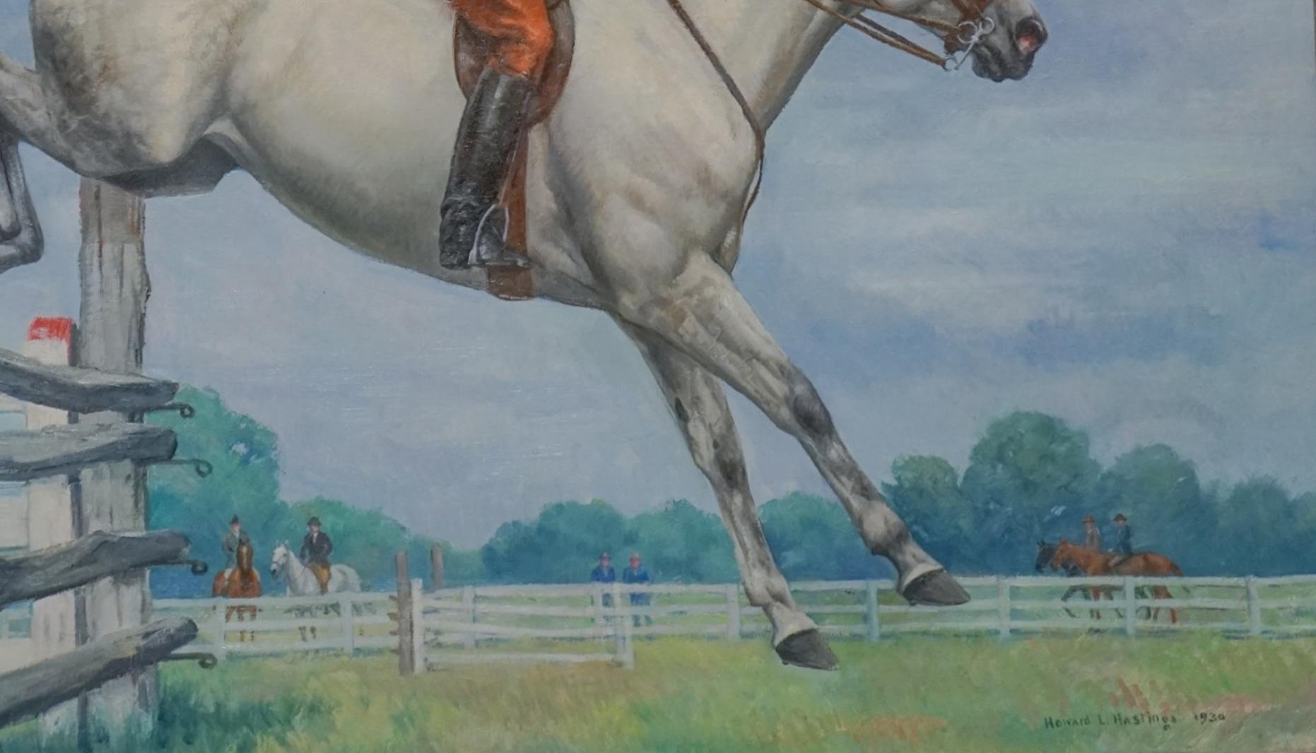 Impressionist Equestrian Oil Painting The Steeple Jump - Gray Animal Painting by Howard Hastings