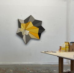 "Roundabout 21-10"- Mixed media wood sculpture Minimalism, yellow, orange, sun