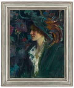 Antique Oil on Canvas Portrait Painting of "Femme Avec Le Chapeau Plumé, by Hildebrandt
