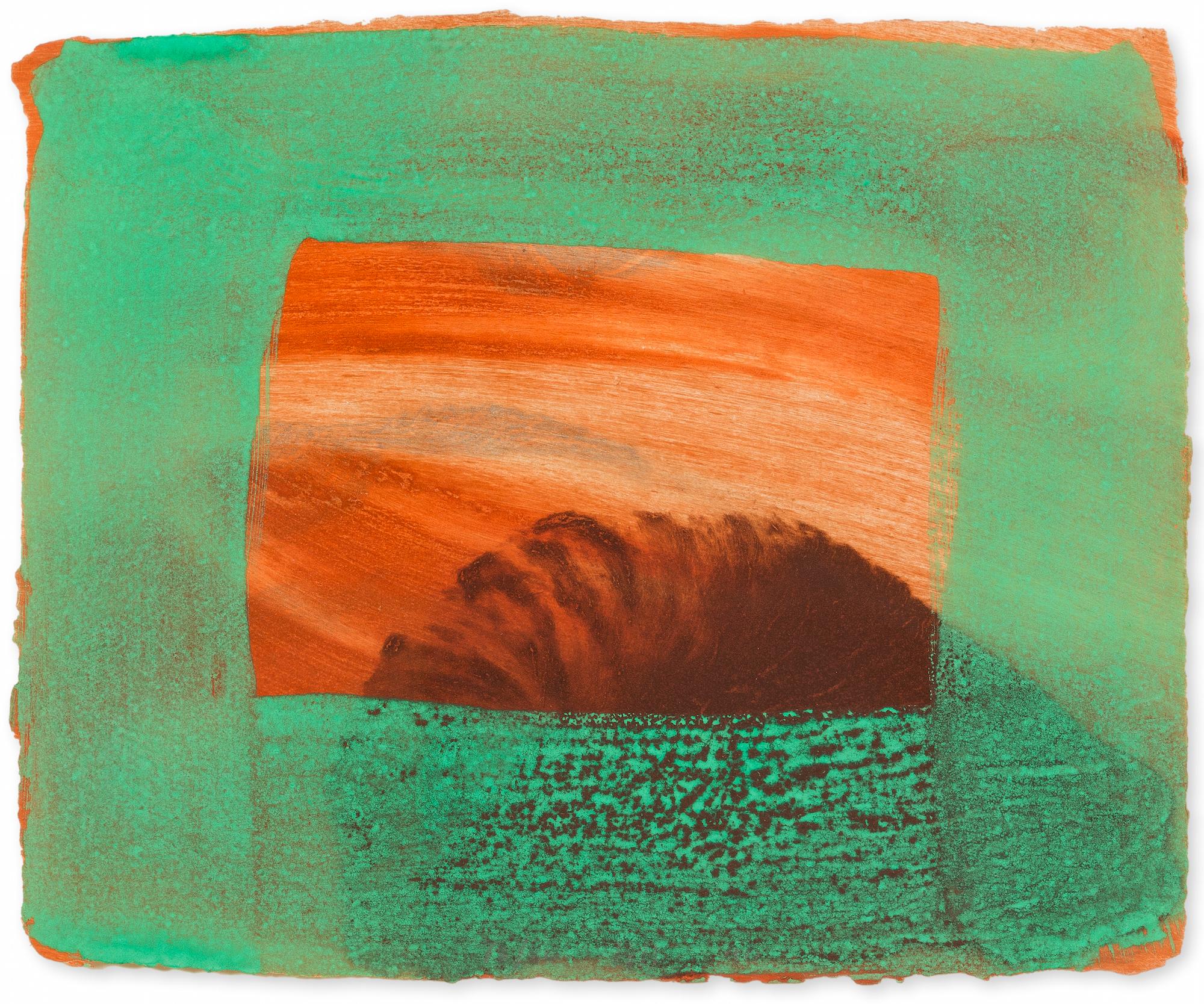 HOWARD HODGKIN
After Degas, 1990-91

Intaglio print with carborundum printed in red ochre, burnt Sienna, chrome yellow and raw umber and grey with handcolouring in veronese green egg tempera
On Aquarelle Larroque moulins de Larroque et Pombie