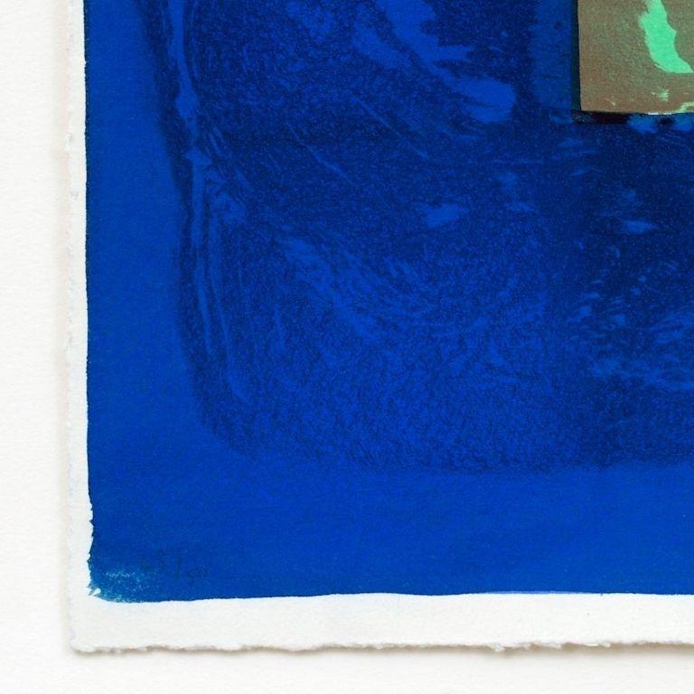 HOWARD HODGKIN
Birthday Party, 1977-1978

Lithograph printed in sepia and green with hand-colouring in two shades of blue gouache, on velin Arches mould-made paper
Signed, dated and numbered from the edition of 50
Printing begun at Solo Press Inc.,