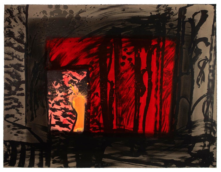 Abstract, large scale red, orange, crimson, black, and pink scene with lines, shapes and hand painted brushstroke texture. This dramatic Howard Hodgkin work is ideal for display in minimalist, modern and contemporary spaces. While British pop