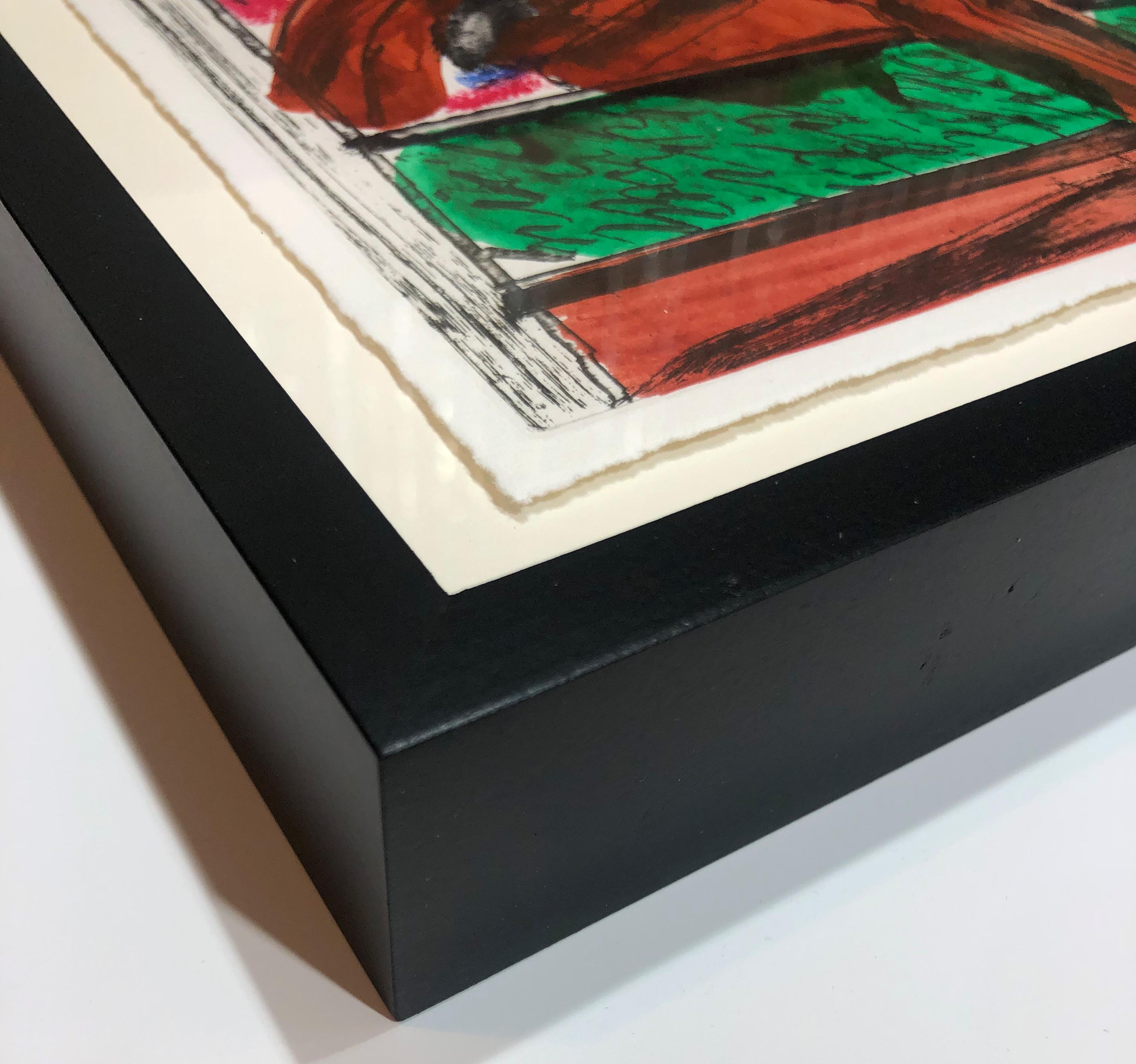 Howard Hodgkin based this print on a trip he took to visit his good friend and fellow Petersburg Press collaborator David Hockney in Los Angeles. The mid-eighties saw new levels of abstraction in Hodgkin’s work, building exuberantly off the