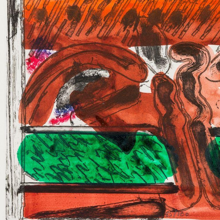 HOWARD HODGKIN
DH in Hollywood, 1979–1985
Soft-ground etching printed in black, with hand colouring in orange-red, 
brown, and green watercolour and red and blue oil pastel , on off-white BFK Rives mould-made paper
Initialled, dated and numbered