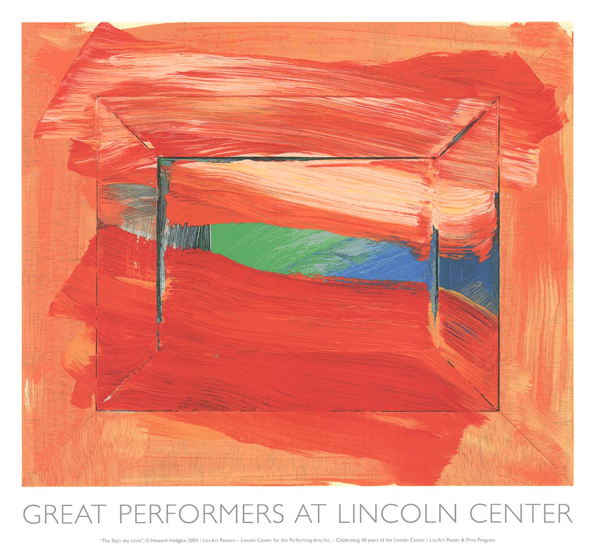 Dies ist eine lebendige Reproduktion eines Siebdrucks mit dem Titel The Sky's the Limit von Howard Hodgkin, der 2002 für die Serie Great Performers des Lincoln Center geschaffen wurde. Charakteristisch für Hodgkins ausdrucksstarken und abstrakten