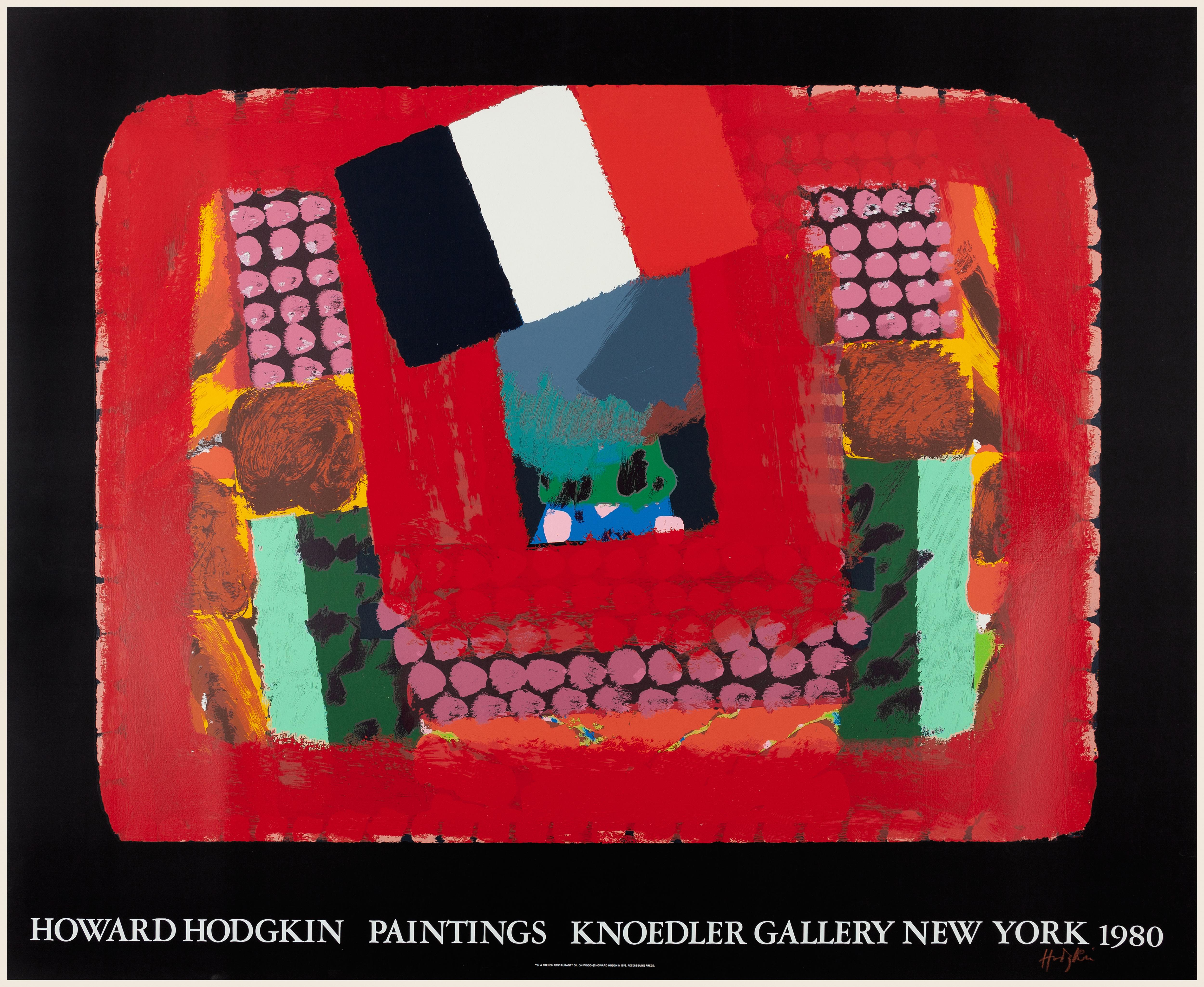 Howard Hodgkin Abstract Print - In a French Restaurant: large scale patterned black and red abstract painting 