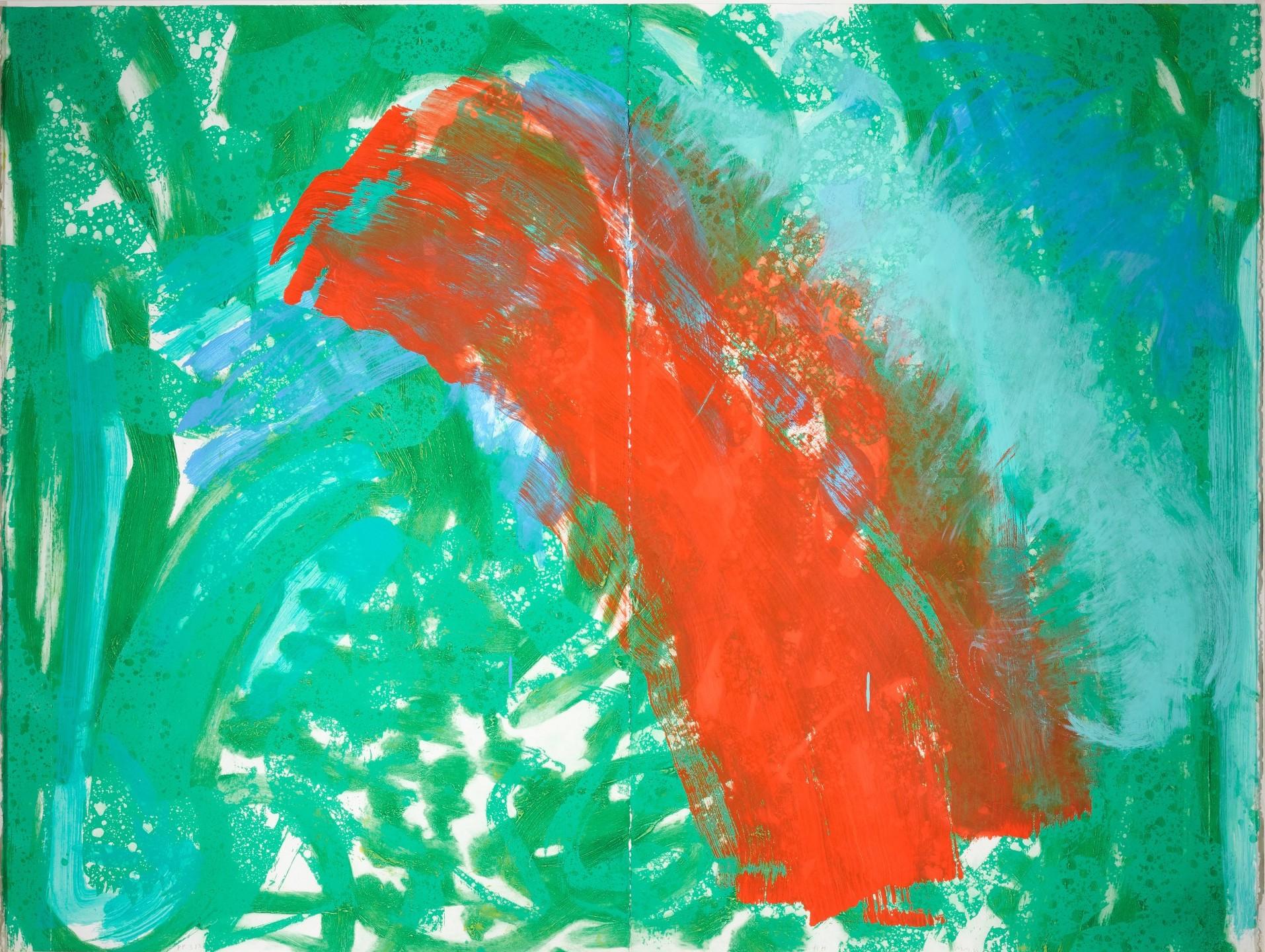 Into the Woods: Summer, 2001-02
Howard Hodgkin

Lift-ground etching with aquatint and carborundum printed in two shades of green, turquoise blue and zinc white, with hand-colouring in red, cerulean blue and zinc white, and bright opaque green and