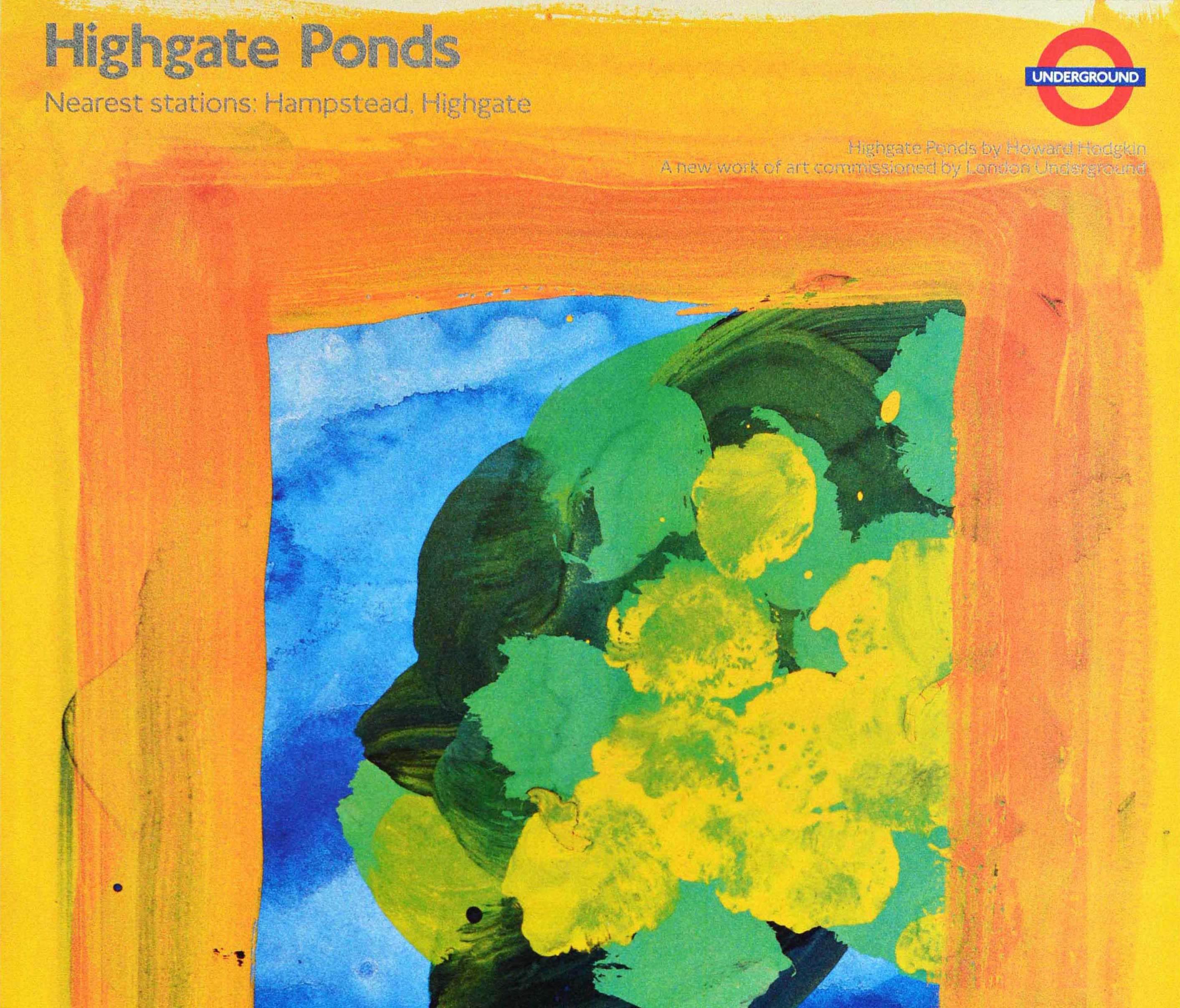 Original vintage London Underground poster - Highgate Ponds nearest stations Hampstead, Highgate. Colourful painterly image of flowers, trees and water inside a yellow orange framed border. Highgate Ponds by Howard Hodgkin a new work of art