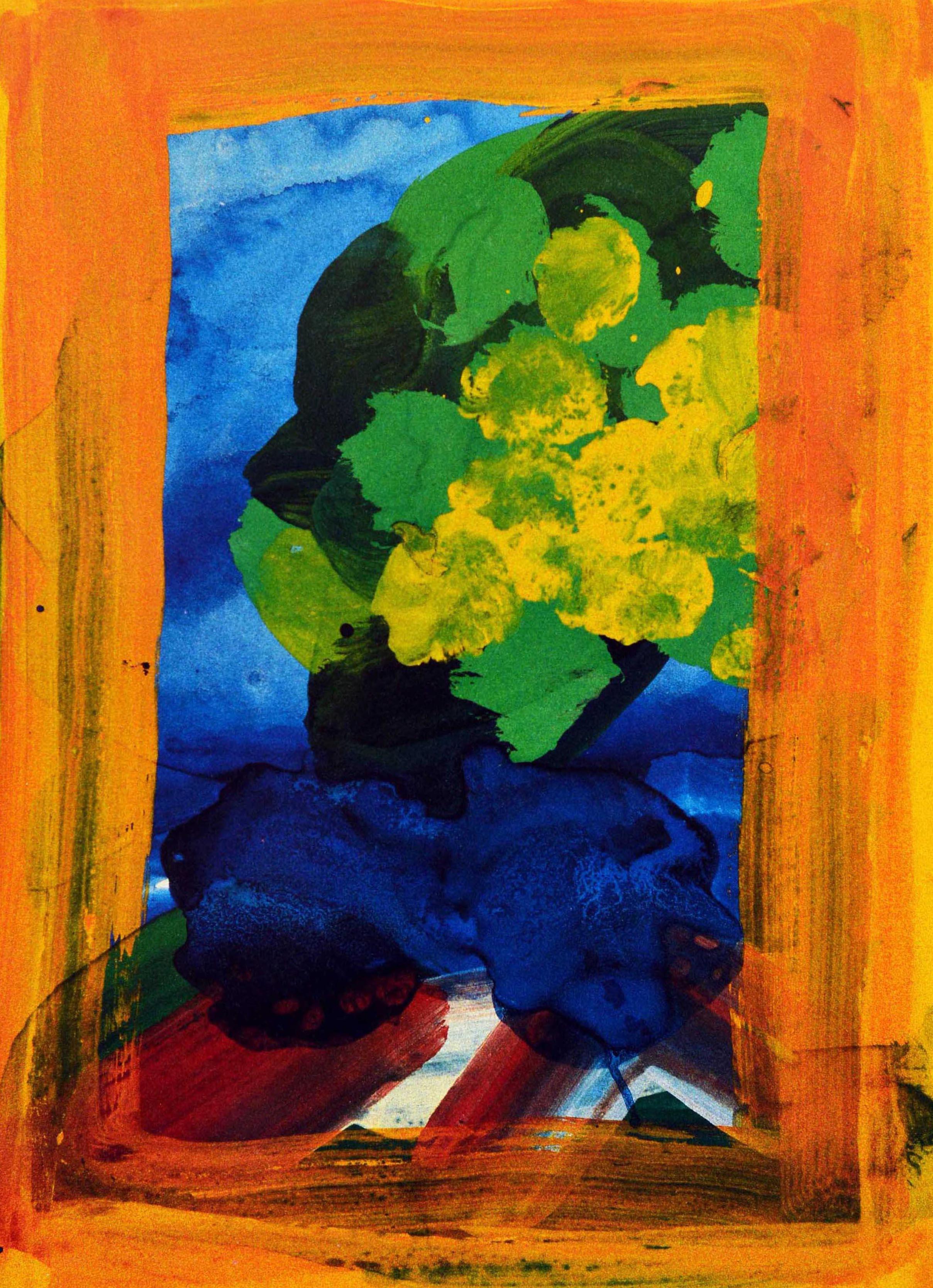 Original vintage London Underground poster - Highgate Ponds nearest stations Hampstead, Highgate. Colourful painterly image of flowers, trees and water inside a yellow orange framed border. Highgate Ponds by Howard Hodgkin a new work of art