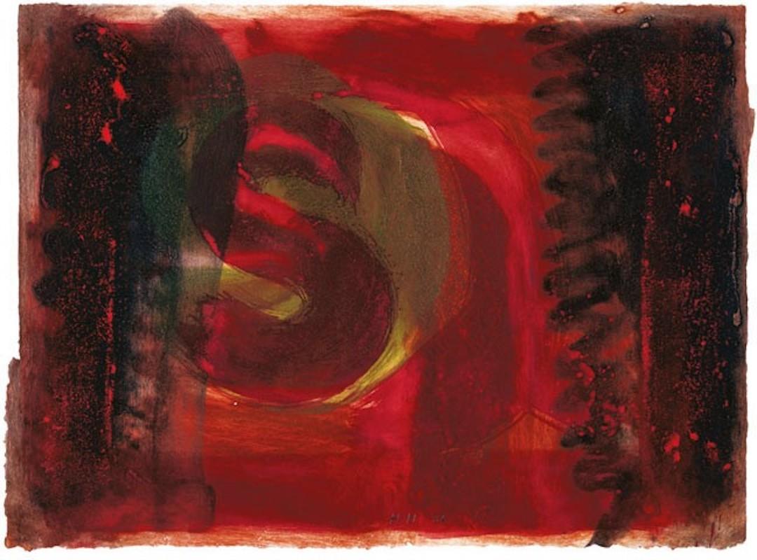 A beautifully hand-colored etching with carborundum, Howard Hodgkin’s, Red Listening Ear is hand-monogrammed by the artist in pencil, dated and numbered, measuring 24 x 30 (61 x 76 cm), unframed.  It is from the edition of 100 and is designated as