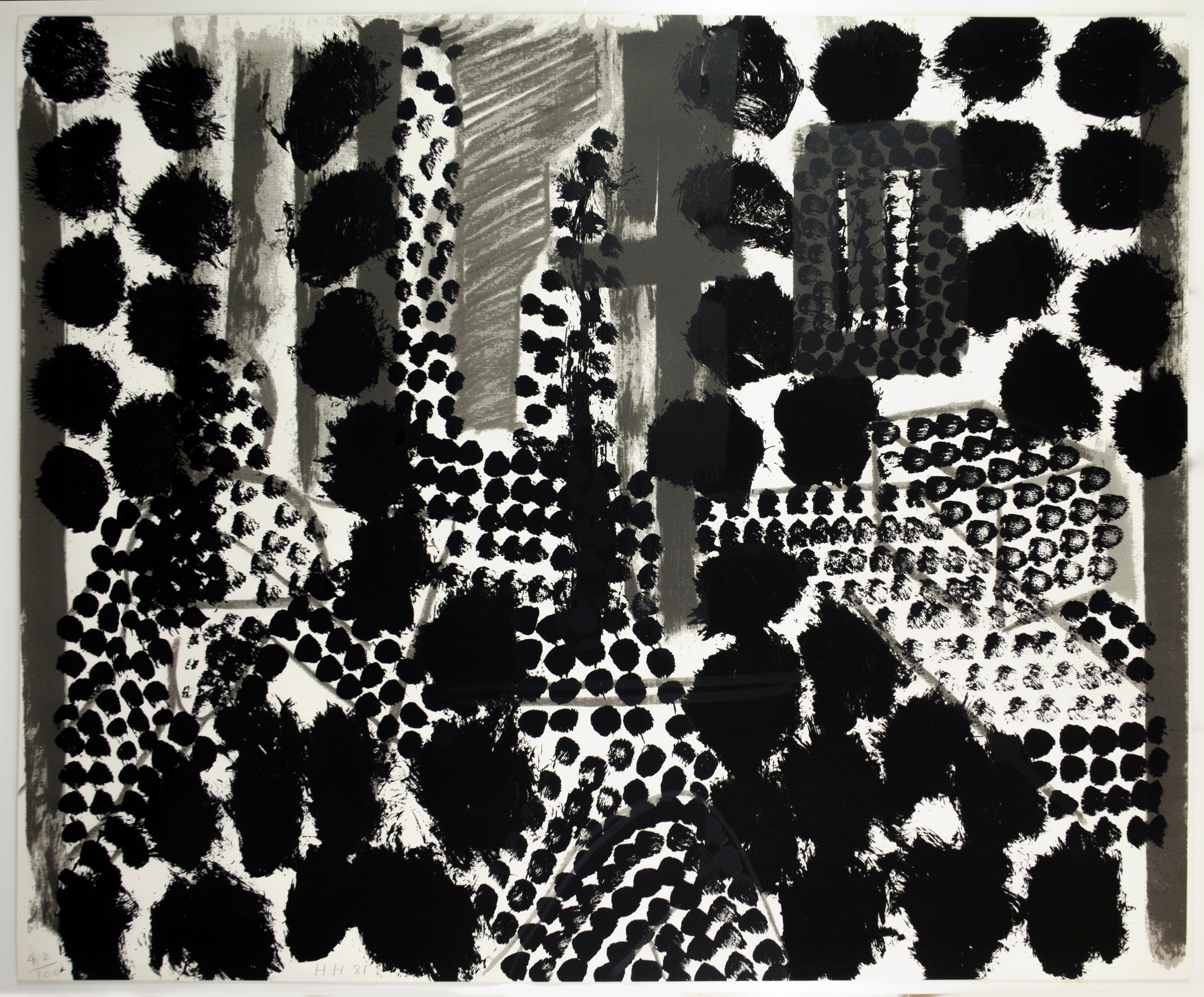 Scène d'intérieur abstraite en noir et blanc à très grande échelle avec des points, des lignes, des coups de pinceau, des taches de peinture, des empreintes digitales, des carrés et des rectangles. Impression saisissante à accrocher dans les espaces
