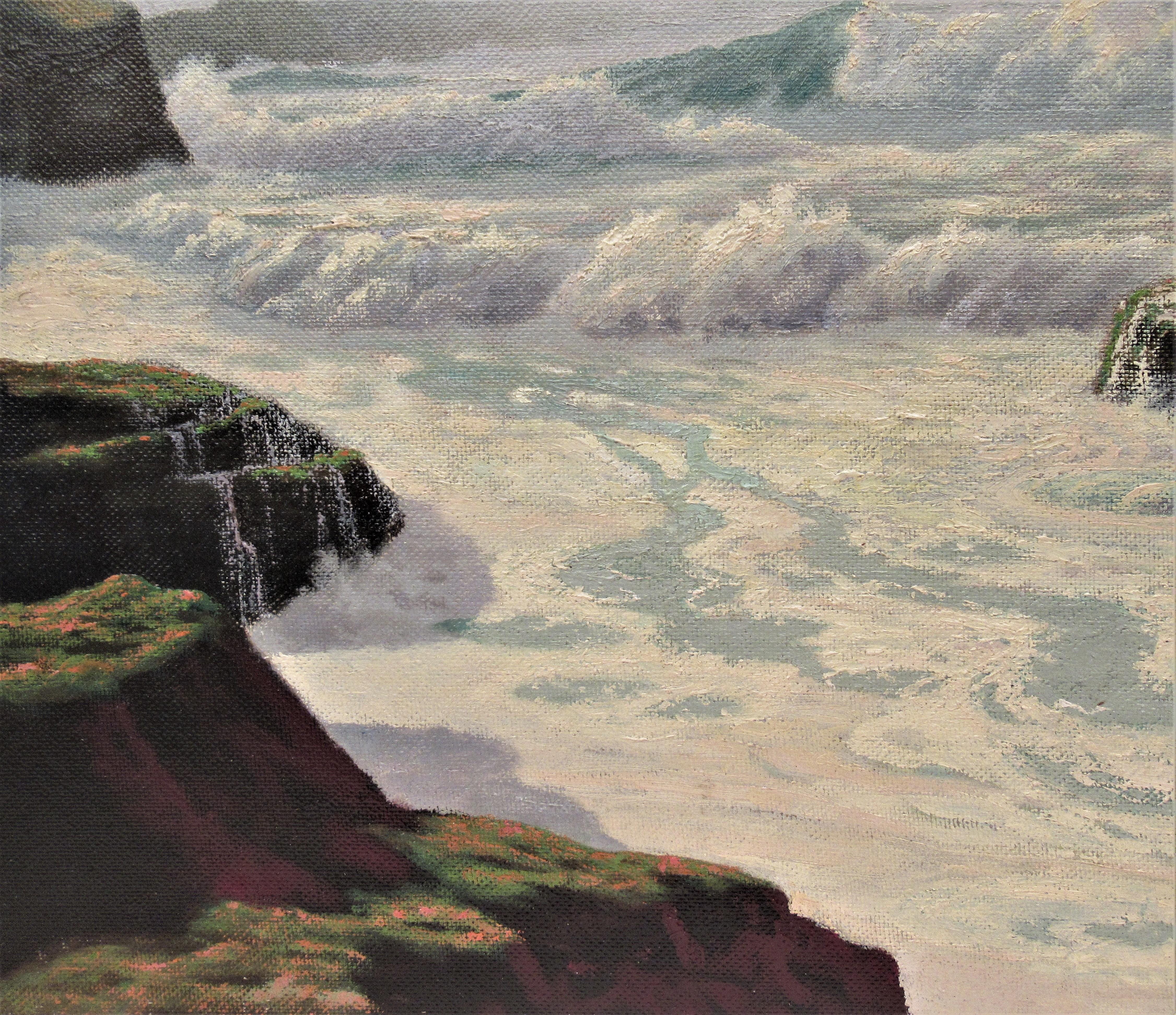 The Fog Rolls dans la côte de l'Oregon - Gris Landscape Painting par Howard John Little