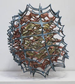 "Inside 1", open sphere of intricate linked forms in muted red, blue and yellow