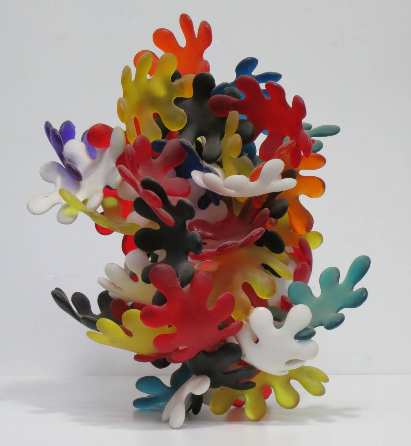 Inside 11 (Campers), resembles a bouquet of playful leaf-like forms in translucent yellow, red, blue, and green. To Kalish, the most important factor in determining what a sculpture will become is the structural principle. The juxtaposition of forms