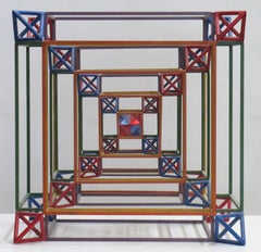 "Inside 8 (Mandala)" geometric cube of rods in red, blue, yellow, orange, violet