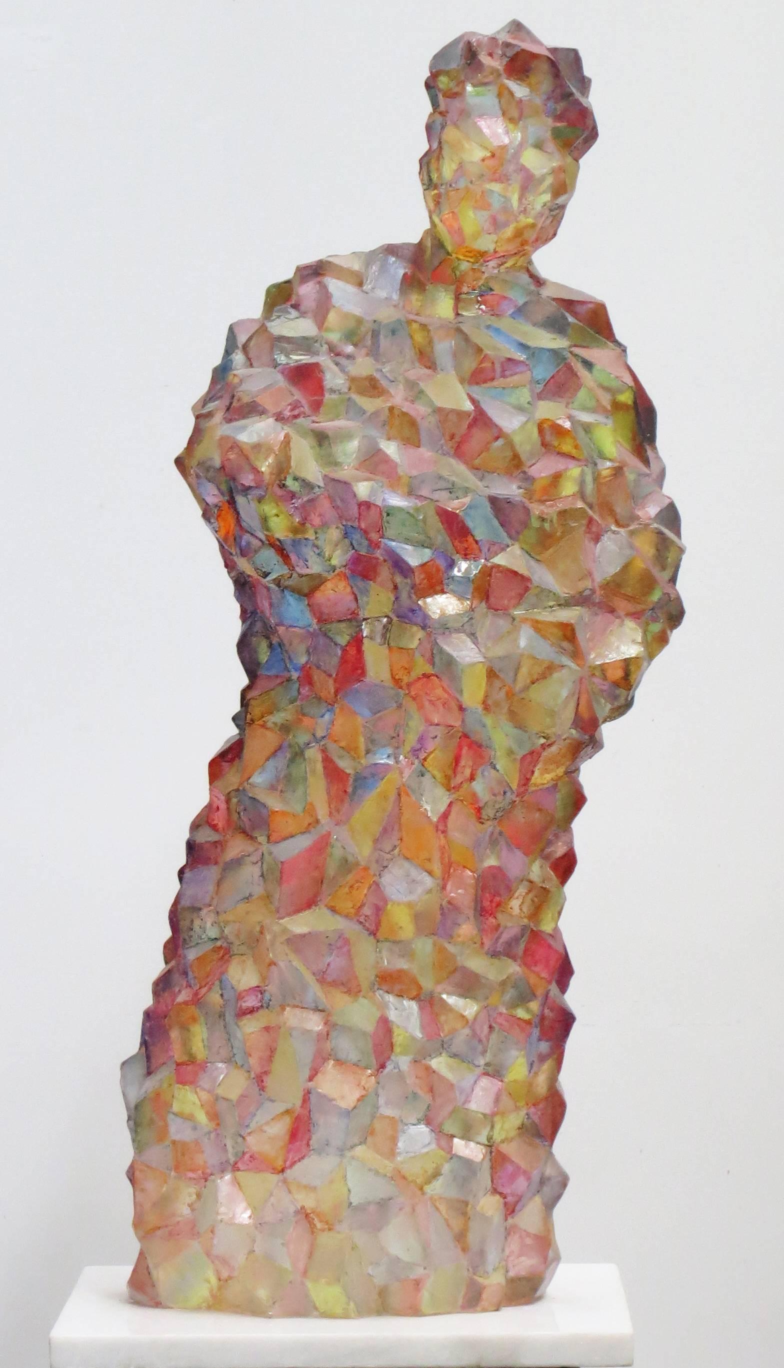 Howard Kalish Figurative Sculpture - "Joseph", old testament figure in his translucent, cubist coat of many colors, 