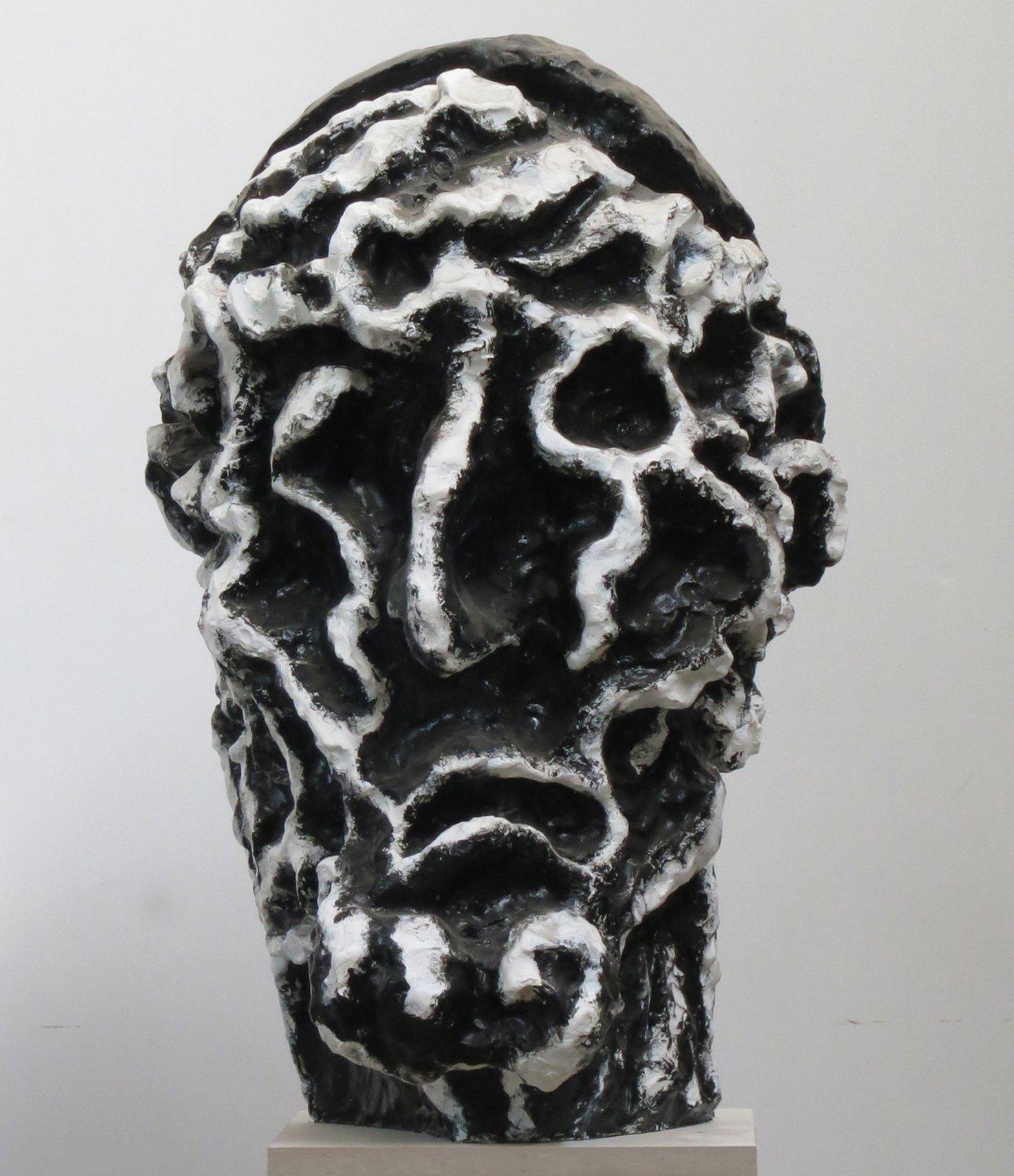 Howard Kalish Abstract Sculpture - "Large Head (Patriarch)", twice life-size mythic head in stark black and white