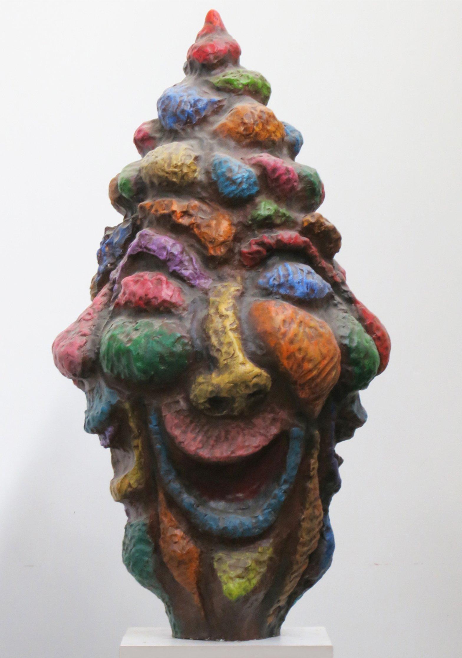 Howard Kalish Figurative Sculpture - "Large Head (Trickster)" with four laughing faces in orange, green, blue, pink 
